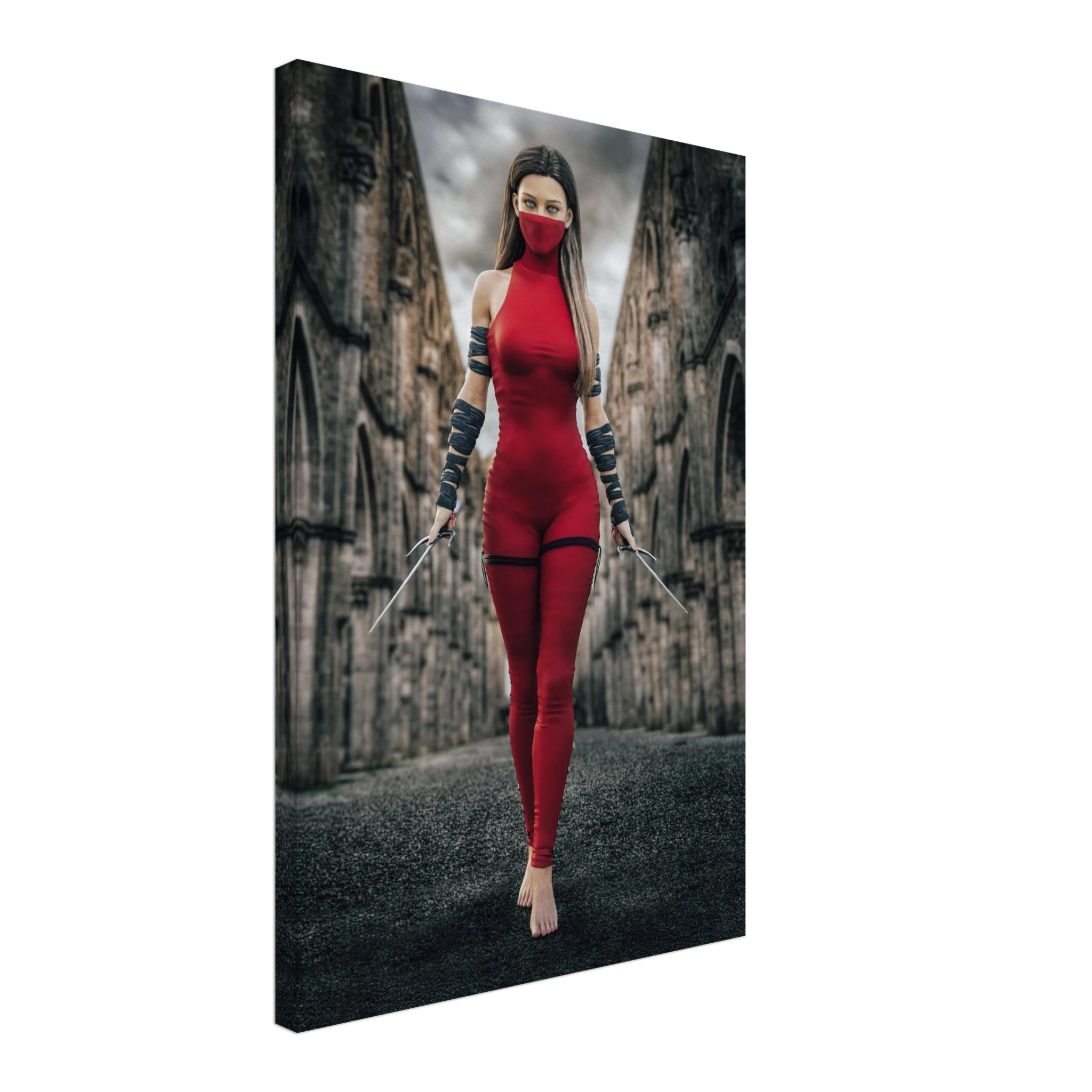 Handcrafted fantasy artwork featuring a female assassin wearing a crimson stealth outfit and face covering while wielding twin daggers beneath towering medieval stone arches. A cinematic fantasy portrait perfect for RPG fans, fantasy collectors, gaming rooms, and medieval wall décor.