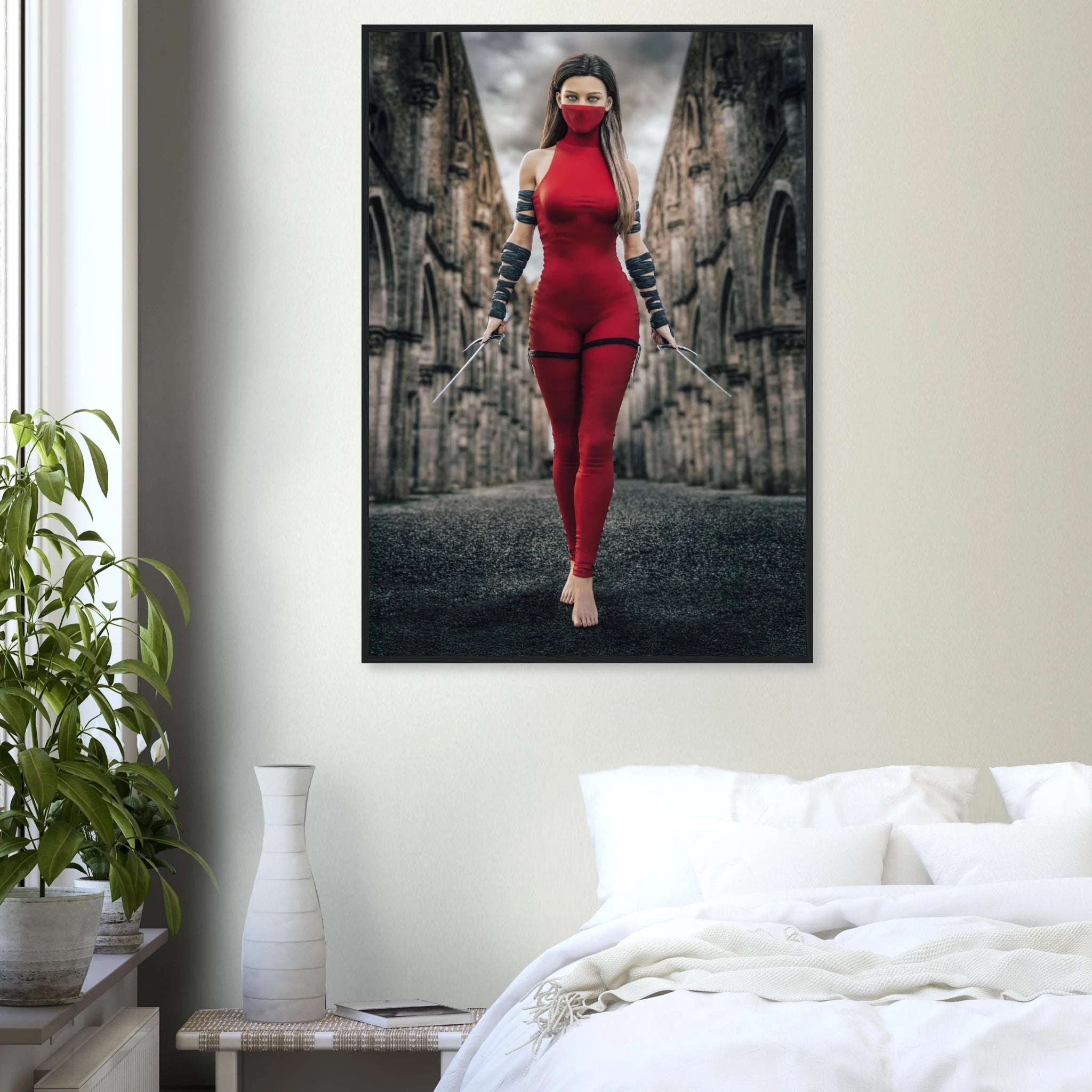 Handcrafted fantasy artwork featuring a female assassin wearing a crimson stealth outfit and face covering while wielding twin daggers beneath towering medieval stone arches. A cinematic fantasy portrait perfect for RPG fans, fantasy collectors, gaming rooms, and medieval wall décor.