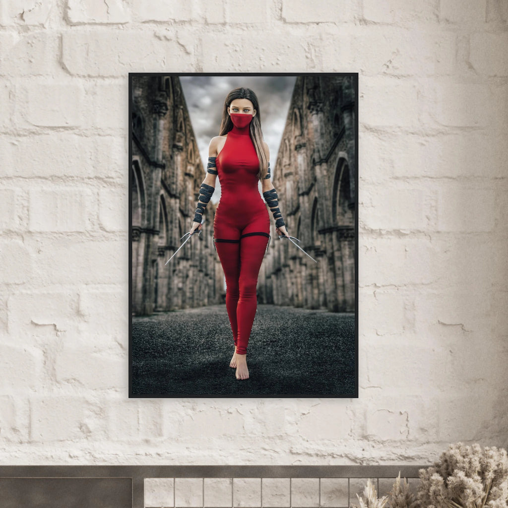 Handcrafted fantasy artwork featuring a female assassin wearing a crimson stealth outfit and face covering while wielding twin daggers beneath towering medieval stone arches. A cinematic fantasy portrait perfect for RPG fans, fantasy collectors, gaming rooms, and medieval wall décor.