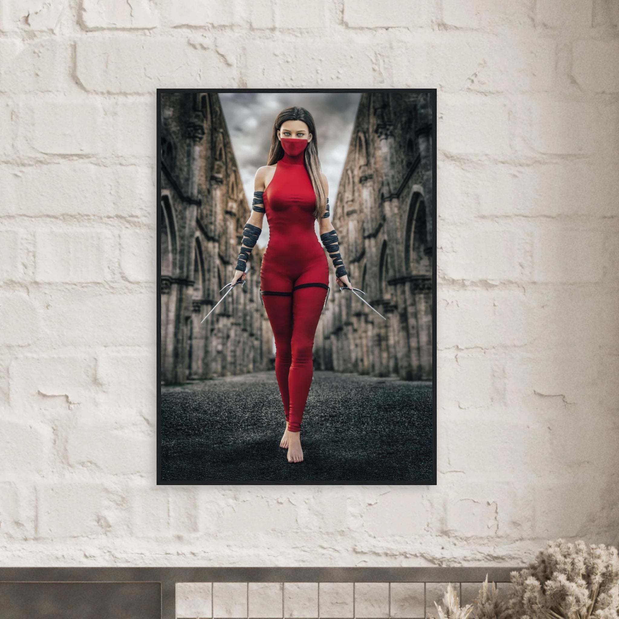 Handcrafted fantasy artwork featuring a female assassin wearing a crimson stealth outfit and face covering while wielding twin daggers beneath towering medieval stone arches. A cinematic fantasy portrait perfect for RPG fans, fantasy collectors, gaming rooms, and medieval wall décor.