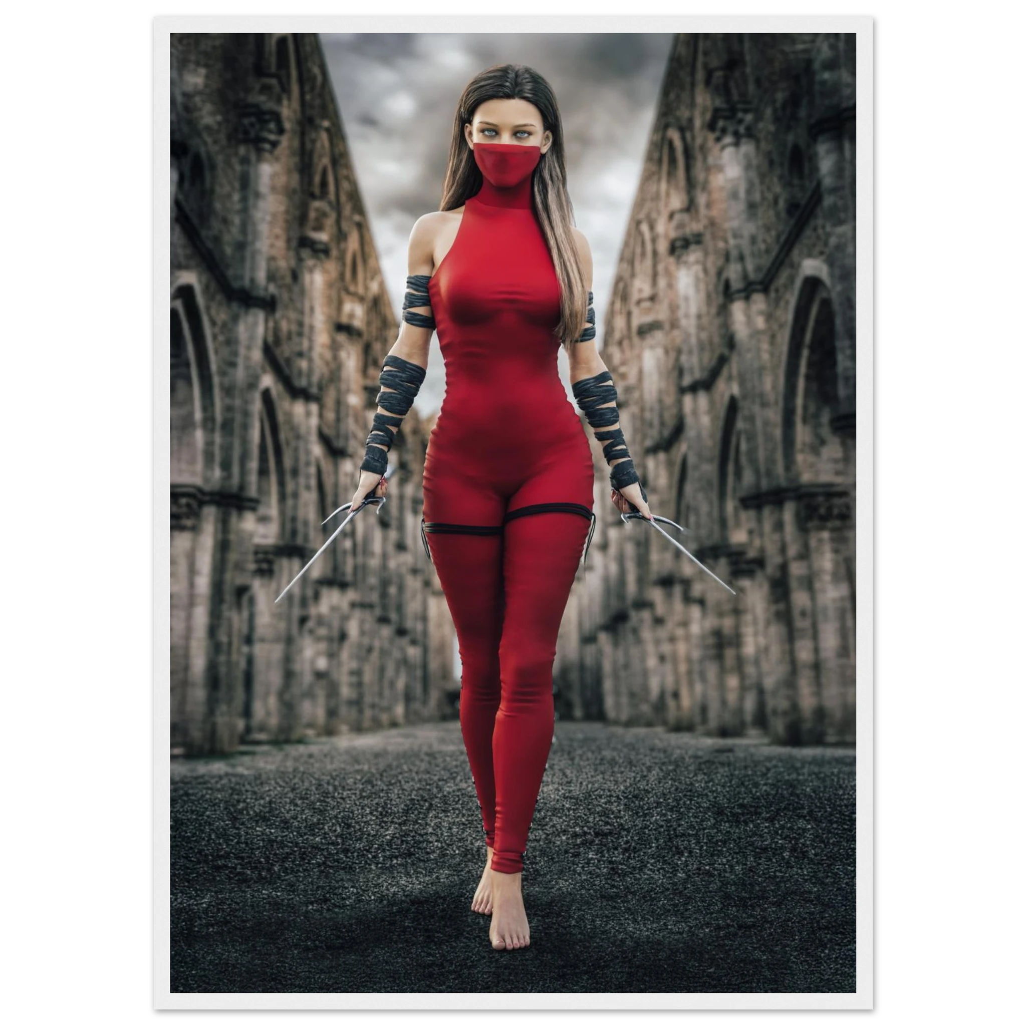 Handcrafted fantasy artwork featuring a female assassin wearing a crimson stealth outfit and face covering while wielding twin daggers beneath towering medieval stone arches. A cinematic fantasy portrait perfect for RPG fans, fantasy collectors, gaming rooms, and medieval wall décor.