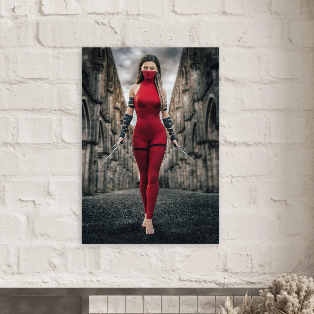 Handcrafted fantasy artwork featuring a female assassin wearing a crimson stealth outfit and face covering while wielding twin daggers beneath towering medieval stone arches. A cinematic fantasy portrait perfect for RPG fans, fantasy collectors, gaming rooms, and medieval wall décor.