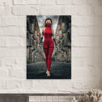 Handcrafted fantasy artwork featuring a female assassin wearing a crimson stealth outfit and face covering while wielding twin daggers beneath towering medieval stone arches. A cinematic fantasy portrait perfect for RPG fans, fantasy collectors, gaming rooms, and medieval wall décor.