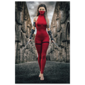 Handcrafted fantasy artwork featuring a female assassin wearing a crimson stealth outfit and face covering while wielding twin daggers beneath towering medieval stone arches. A cinematic fantasy portrait perfect for RPG fans, fantasy collectors, gaming rooms, and medieval wall décor.