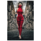 Handcrafted fantasy artwork featuring a female assassin wearing a crimson stealth outfit and face covering while wielding twin daggers beneath towering medieval stone arches. A cinematic fantasy portrait perfect for RPG fans, fantasy collectors, gaming rooms, and medieval wall décor.