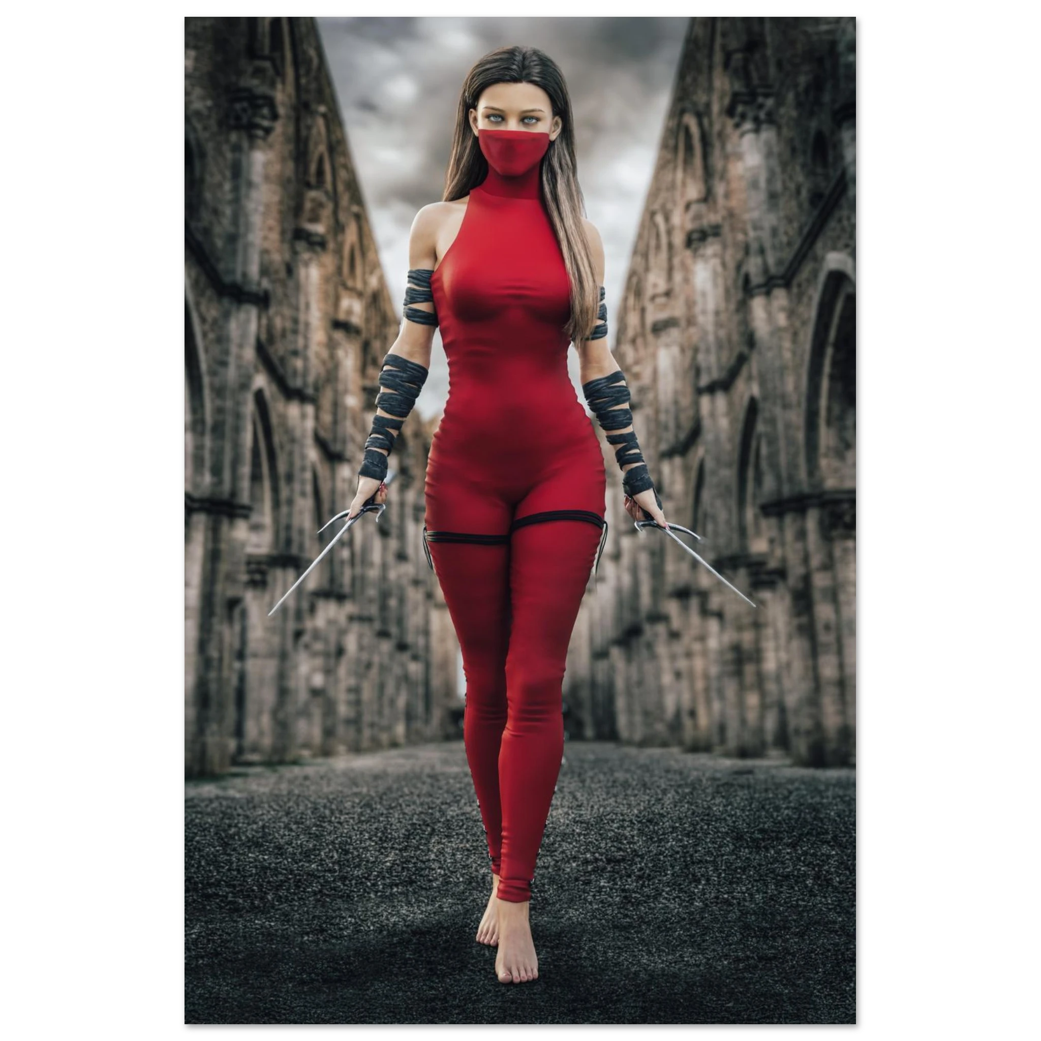 Handcrafted fantasy artwork featuring a female assassin wearing a crimson stealth outfit and face covering while wielding twin daggers beneath towering medieval stone arches. A cinematic fantasy portrait perfect for RPG fans, fantasy collectors, gaming rooms, and medieval wall décor.
