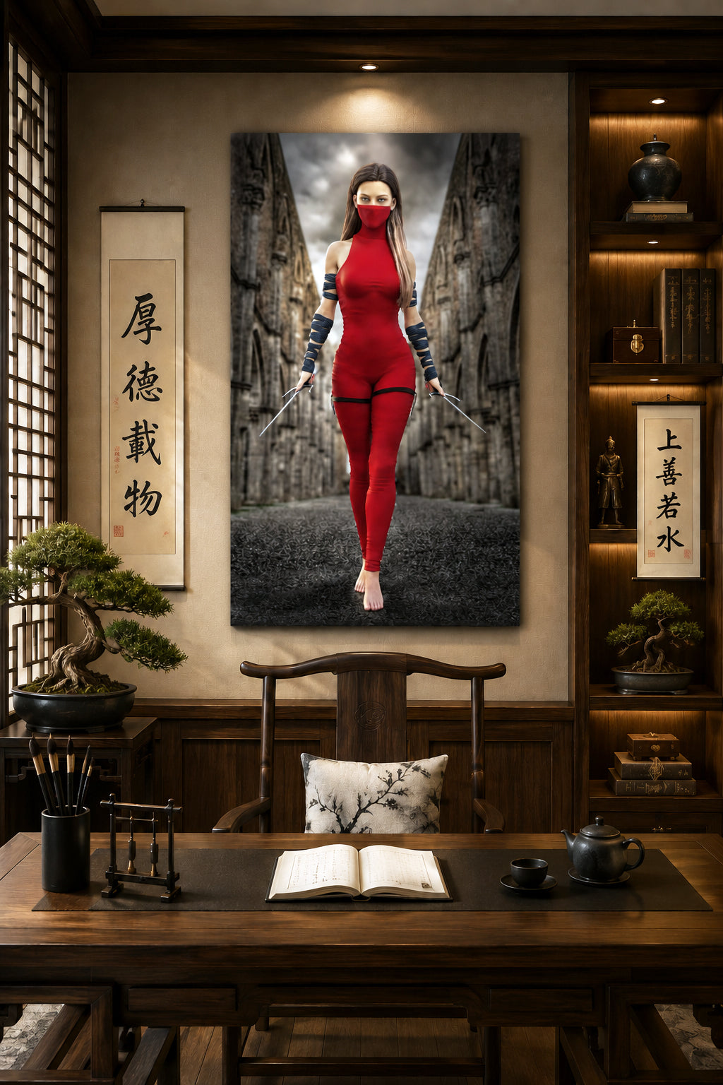 Handcrafted fantasy artwork featuring a female assassin wearing a crimson stealth outfit and face covering while wielding twin daggers beneath towering medieval stone arches. A cinematic fantasy portrait perfect for RPG fans, fantasy collectors, gaming rooms, and medieval wall décor.