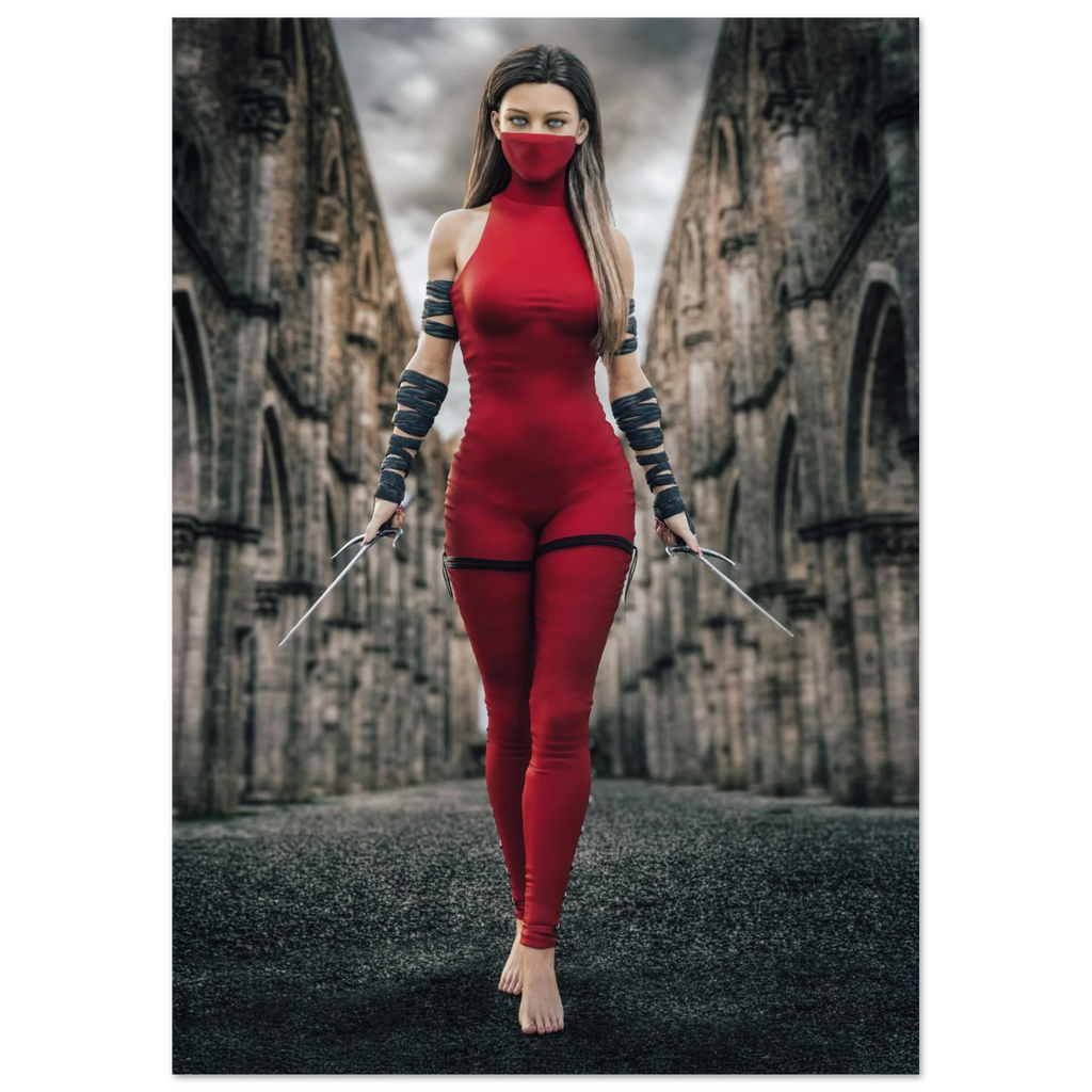 Handcrafted fantasy artwork featuring a female assassin wearing a crimson stealth outfit and face covering while wielding twin daggers beneath towering medieval stone arches. A cinematic fantasy portrait perfect for RPG fans, fantasy collectors, gaming rooms, and medieval wall décor.