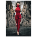 Handcrafted fantasy artwork featuring a female assassin wearing a crimson stealth outfit and face covering while wielding twin daggers beneath towering medieval stone arches. A cinematic fantasy portrait perfect for RPG fans, fantasy collectors, gaming rooms, and medieval wall décor.