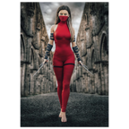 Handcrafted fantasy artwork featuring a female assassin wearing a crimson stealth outfit and face covering while wielding twin daggers beneath towering medieval stone arches. A cinematic fantasy portrait perfect for RPG fans, fantasy collectors, gaming rooms, and medieval wall décor.