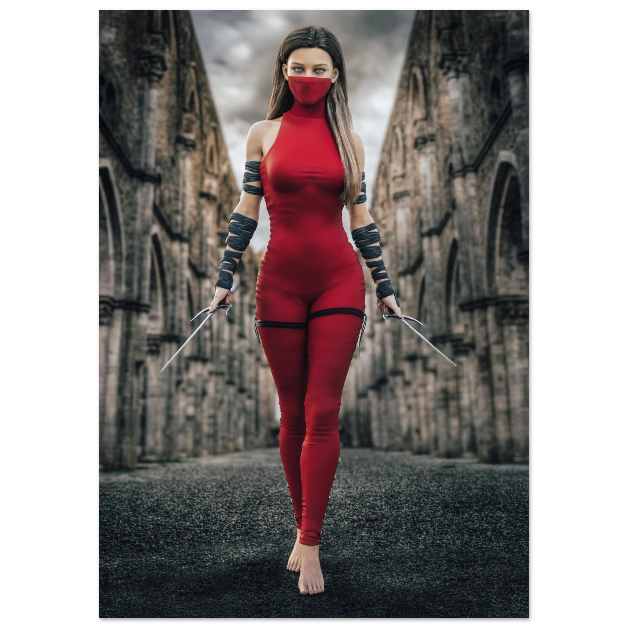 Handcrafted fantasy artwork featuring a female assassin wearing a crimson stealth outfit and face covering while wielding twin daggers beneath towering medieval stone arches. A cinematic fantasy portrait perfect for RPG fans, fantasy collectors, gaming rooms, and medieval wall décor.