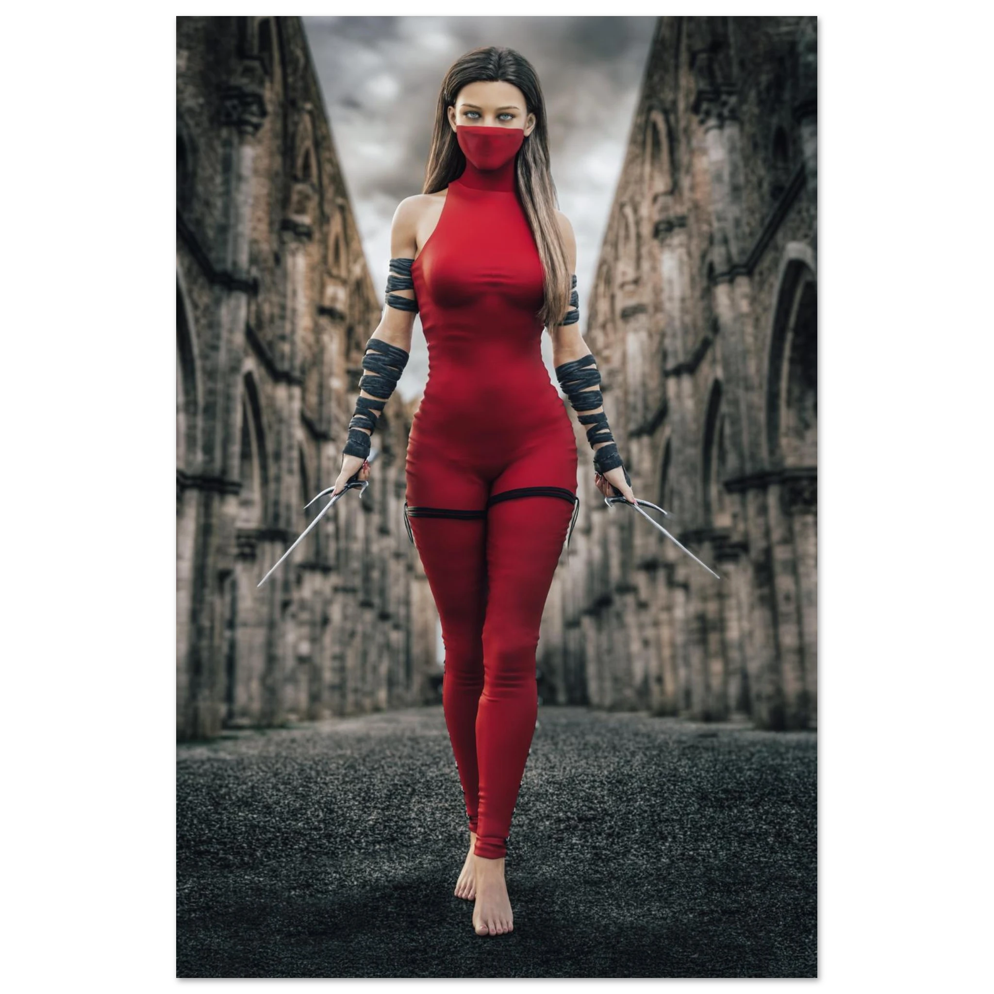 Handcrafted fantasy artwork featuring a female assassin wearing a crimson stealth outfit and face covering while wielding twin daggers beneath towering medieval stone arches. A cinematic fantasy portrait perfect for RPG fans, fantasy collectors, gaming rooms, and medieval wall décor.