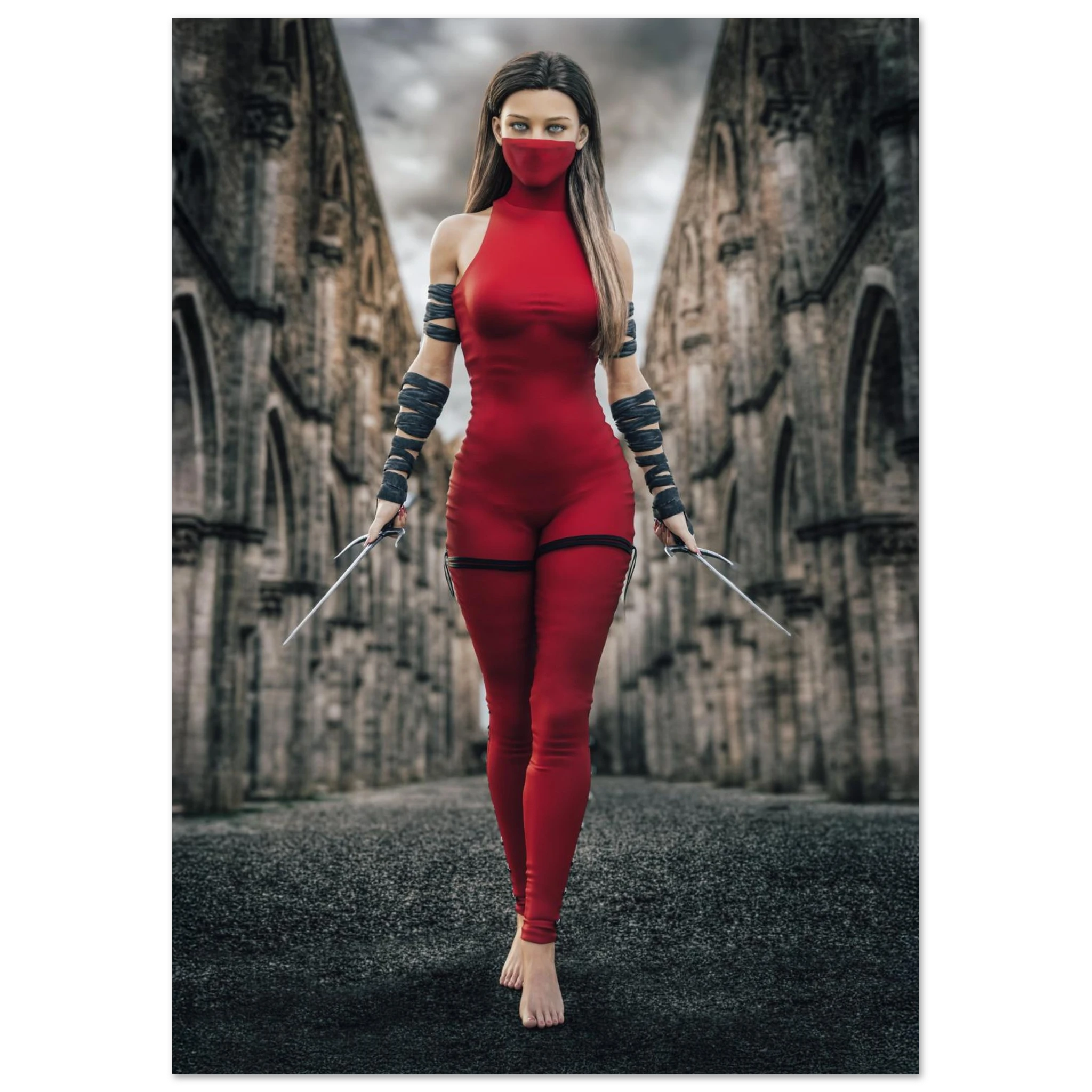 Handcrafted fantasy artwork featuring a female assassin wearing a crimson stealth outfit and face covering while wielding twin daggers beneath towering medieval stone arches. A cinematic fantasy portrait perfect for RPG fans, fantasy collectors, gaming rooms, and medieval wall décor.
