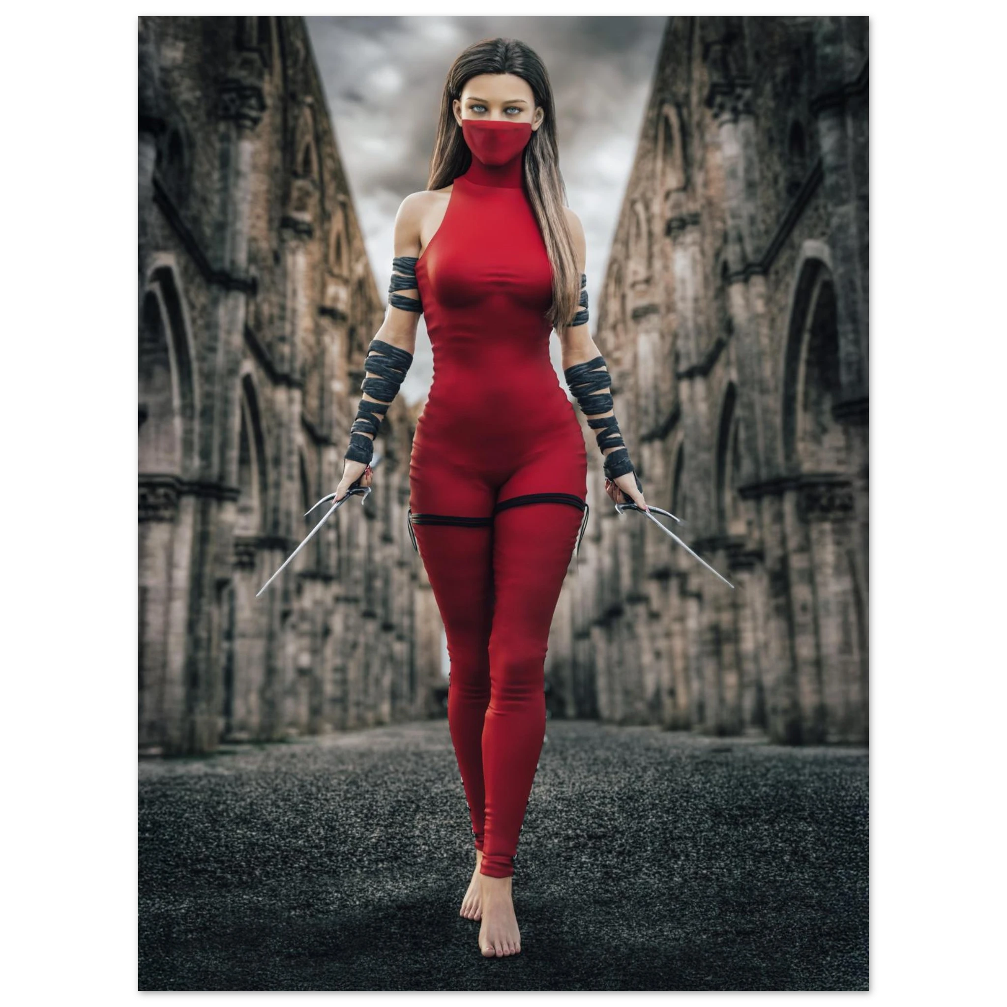 Handcrafted fantasy artwork featuring a female assassin wearing a crimson stealth outfit and face covering while wielding twin daggers beneath towering medieval stone arches. A cinematic fantasy portrait perfect for RPG fans, fantasy collectors, gaming rooms, and medieval wall décor.