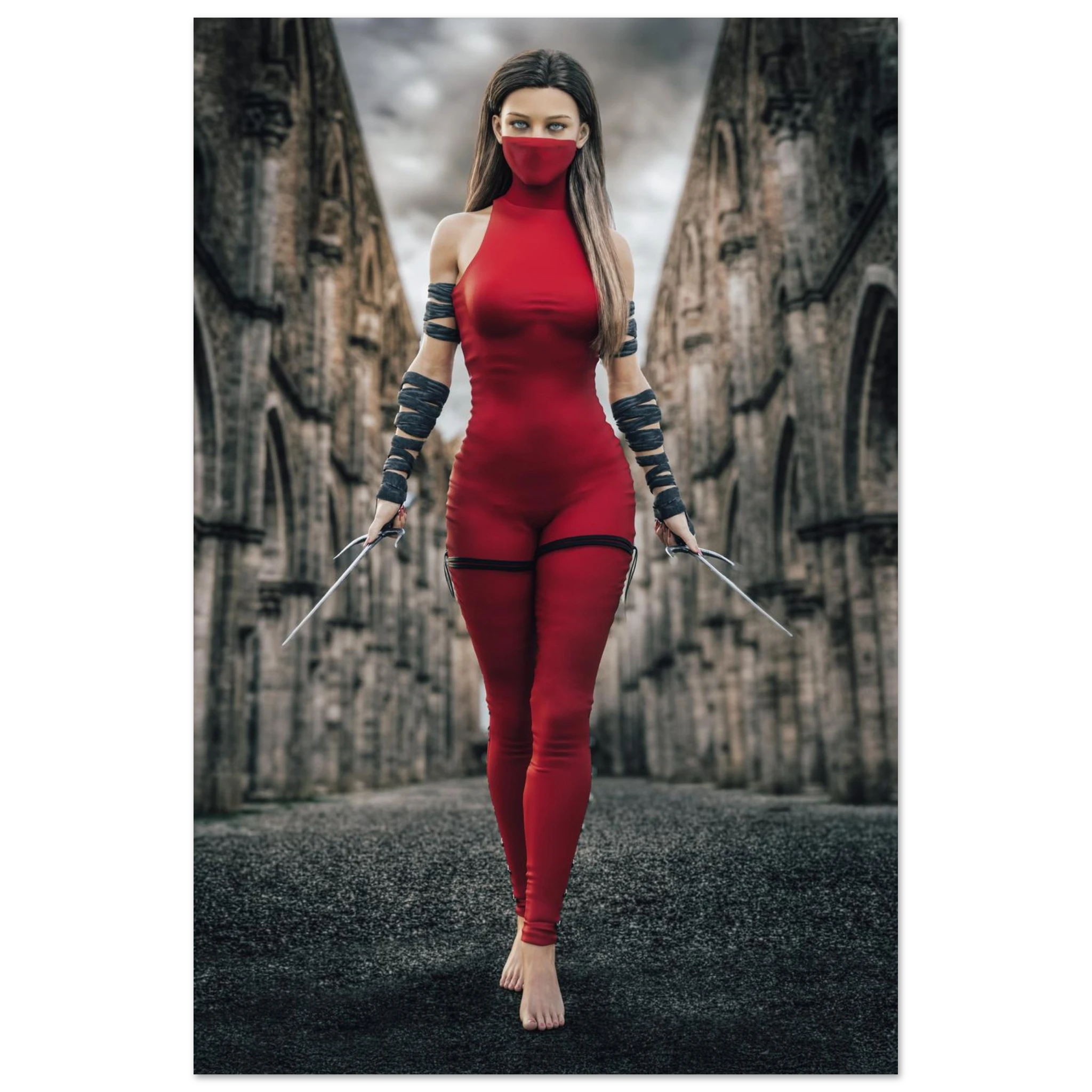 Handcrafted fantasy artwork featuring a female assassin wearing a crimson stealth outfit and face covering while wielding twin daggers beneath towering medieval stone arches. A cinematic fantasy portrait perfect for RPG fans, fantasy collectors, gaming rooms, and medieval wall décor.
