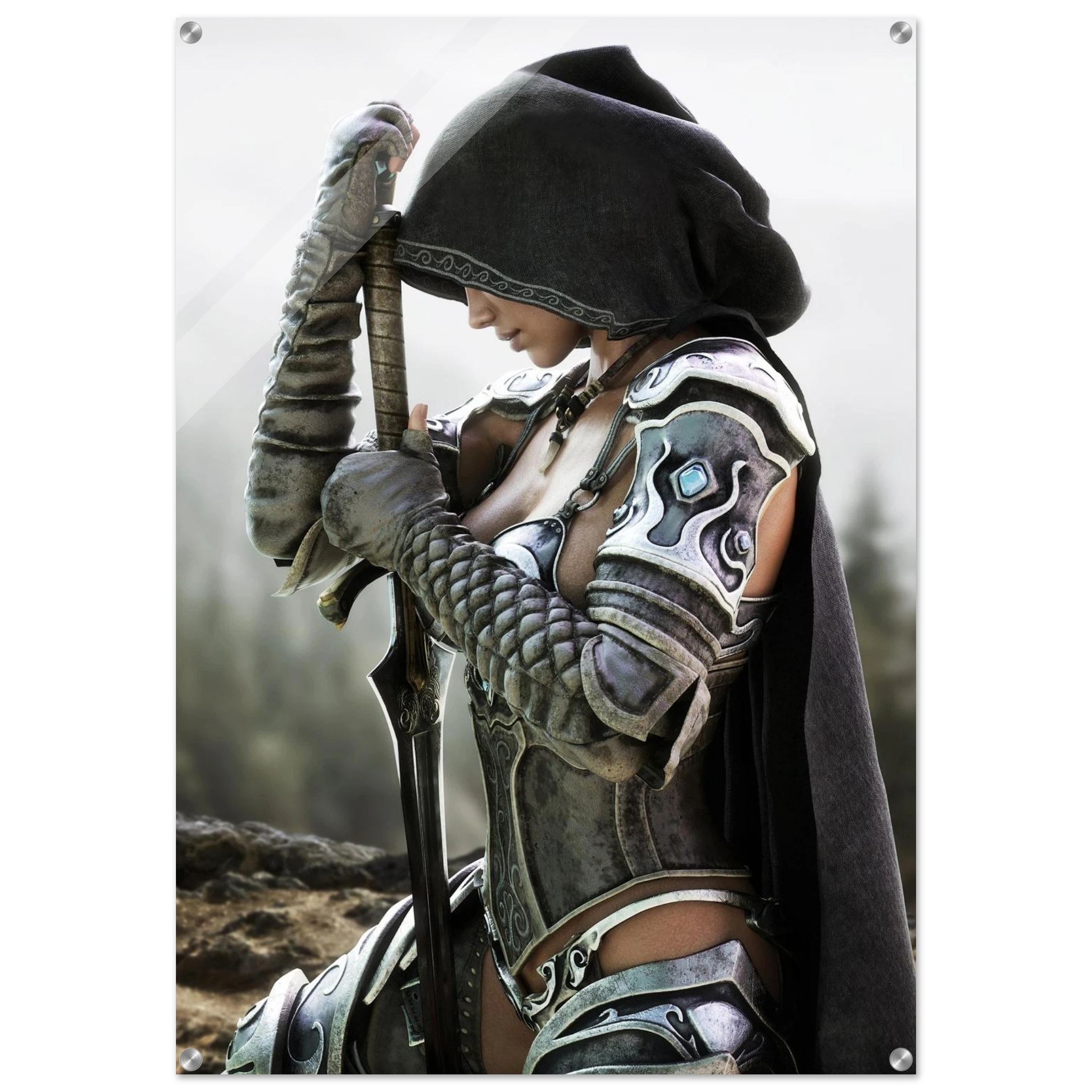 Handcrafted fantasy artwork featuring a hooded female knight kneeling in prayer with both hands resting on a ceremonial sword, wearing ornate medieval armor against a rugged mountain landscape. Premium wall art for fantasy collectors, RPG enthusiasts, gaming rooms, libraries, and medieval décor.