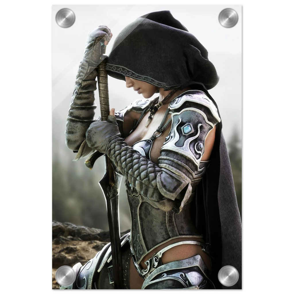 Handcrafted fantasy artwork featuring a hooded female knight kneeling in prayer with both hands resting on a ceremonial sword, wearing ornate medieval armor against a rugged mountain landscape. Premium wall art for fantasy collectors, RPG enthusiasts, gaming rooms, libraries, and medieval décor.