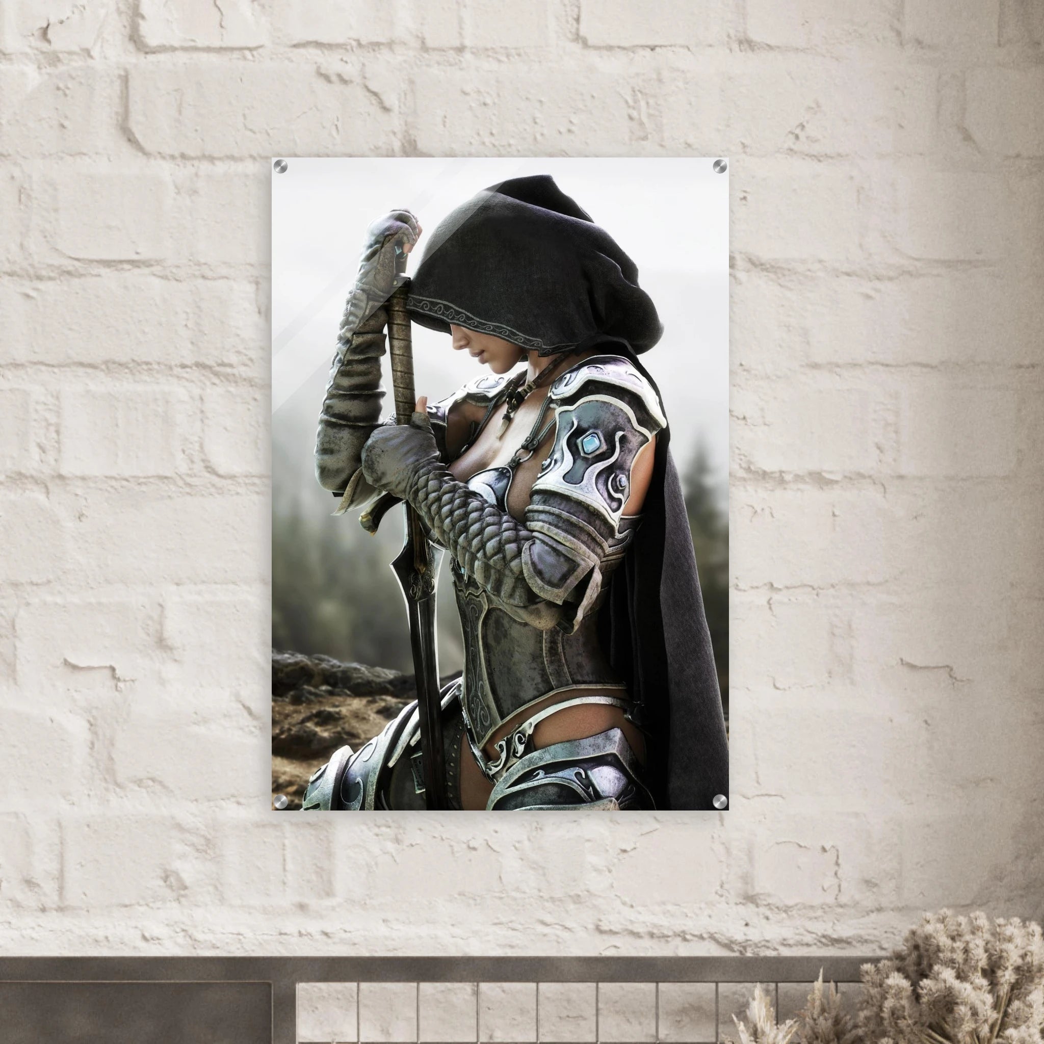 Handcrafted fantasy artwork featuring a hooded female knight kneeling in prayer with both hands resting on a ceremonial sword, wearing ornate medieval armor against a rugged mountain landscape. Premium wall art for fantasy collectors, RPG enthusiasts, gaming rooms, libraries, and medieval décor.
