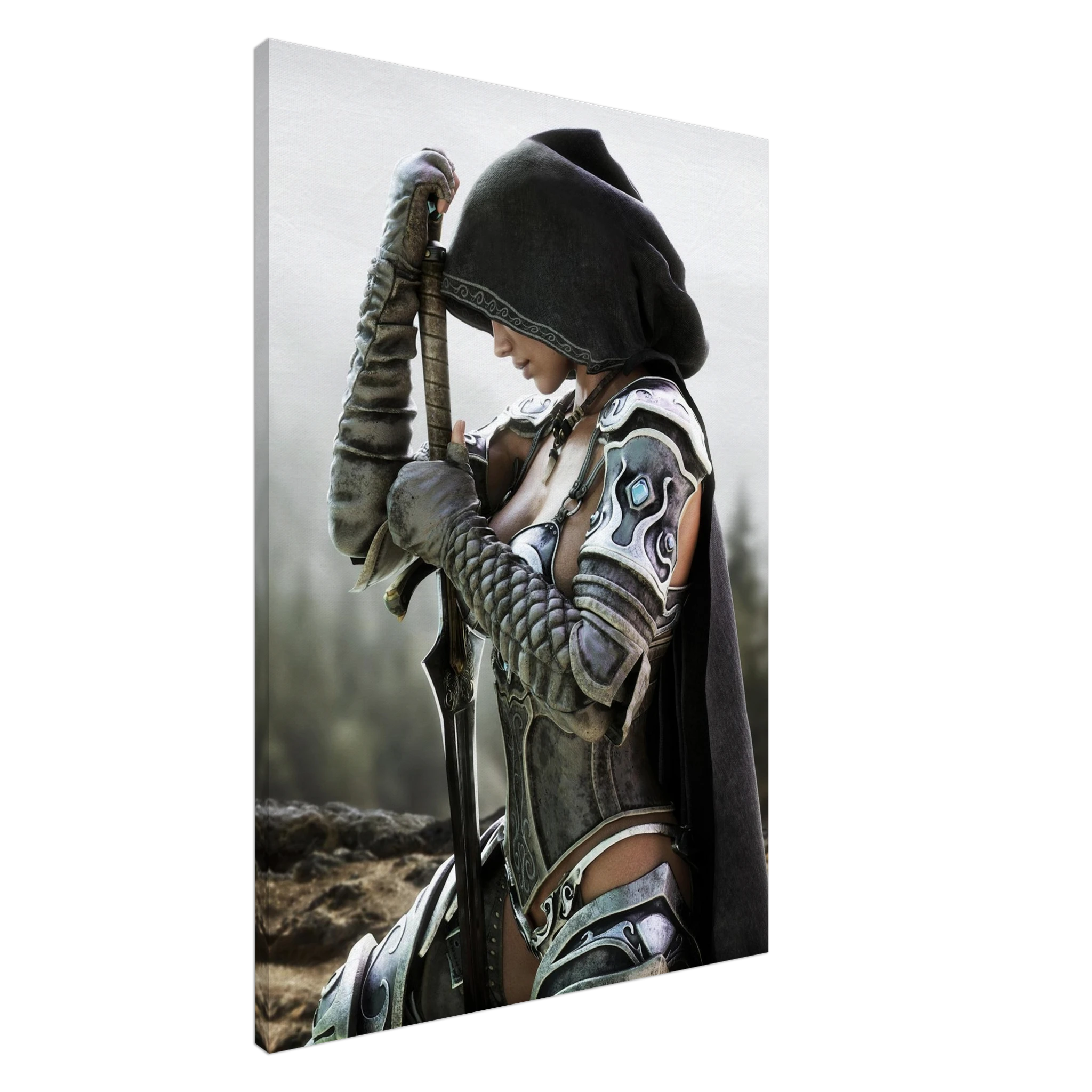 Handcrafted fantasy artwork featuring a hooded female knight kneeling in prayer with both hands resting on a ceremonial sword, wearing ornate medieval armor against a rugged mountain landscape. Premium wall art for fantasy collectors, RPG enthusiasts, gaming rooms, libraries, and medieval décor.