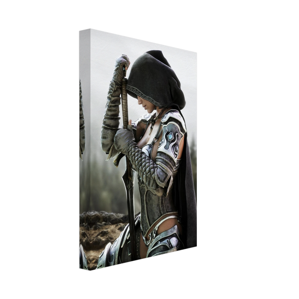 Handcrafted fantasy artwork featuring a hooded female knight kneeling in prayer with both hands resting on a ceremonial sword, wearing ornate medieval armor against a rugged mountain landscape. Premium wall art for fantasy collectors, RPG enthusiasts, gaming rooms, libraries, and medieval décor.