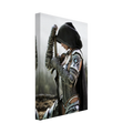 Handcrafted fantasy artwork featuring a hooded female knight kneeling in prayer with both hands resting on a ceremonial sword, wearing ornate medieval armor against a rugged mountain landscape. Premium wall art for fantasy collectors, RPG enthusiasts, gaming rooms, libraries, and medieval décor.