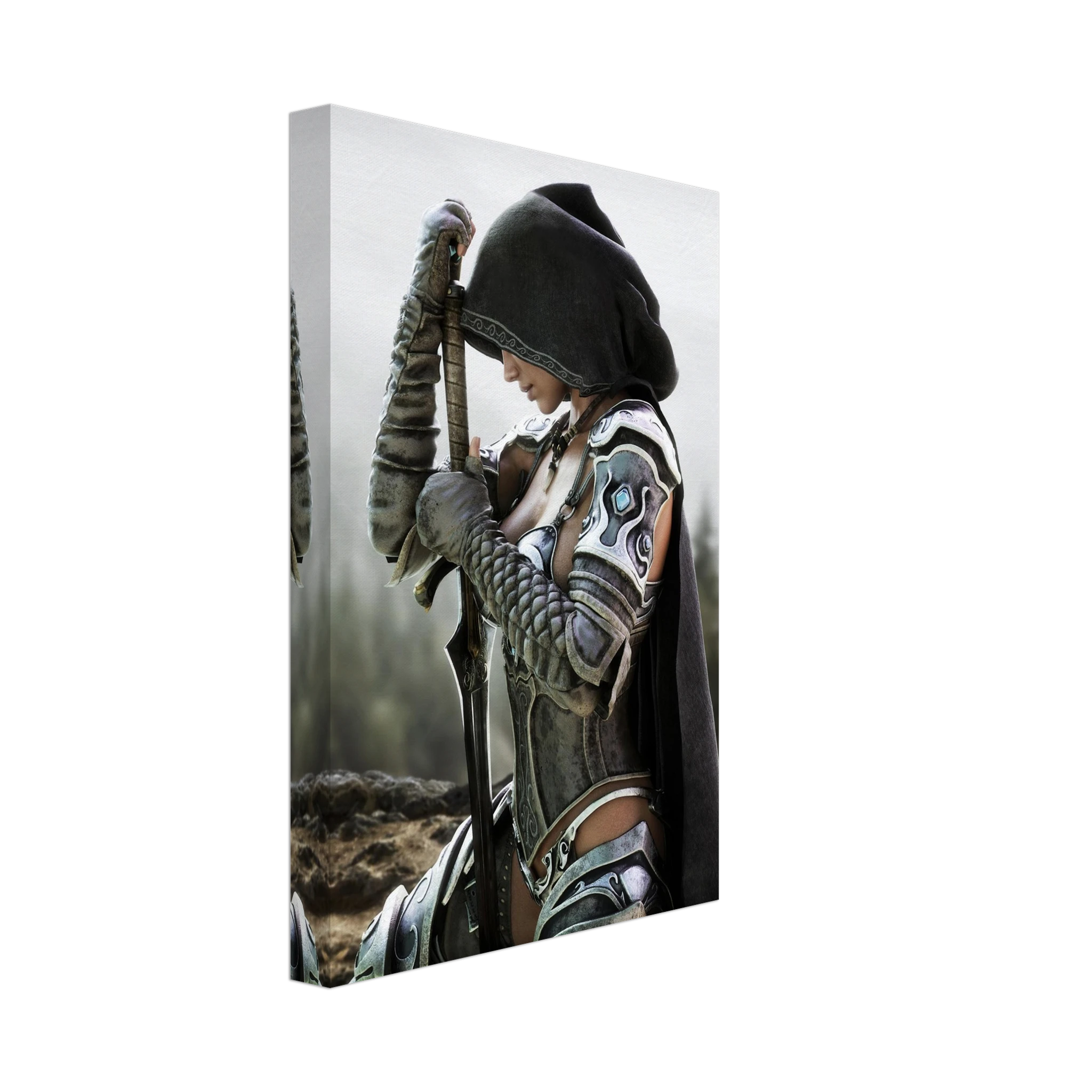 Handcrafted fantasy artwork featuring a hooded female knight kneeling in prayer with both hands resting on a ceremonial sword, wearing ornate medieval armor against a rugged mountain landscape. Premium wall art for fantasy collectors, RPG enthusiasts, gaming rooms, libraries, and medieval décor.