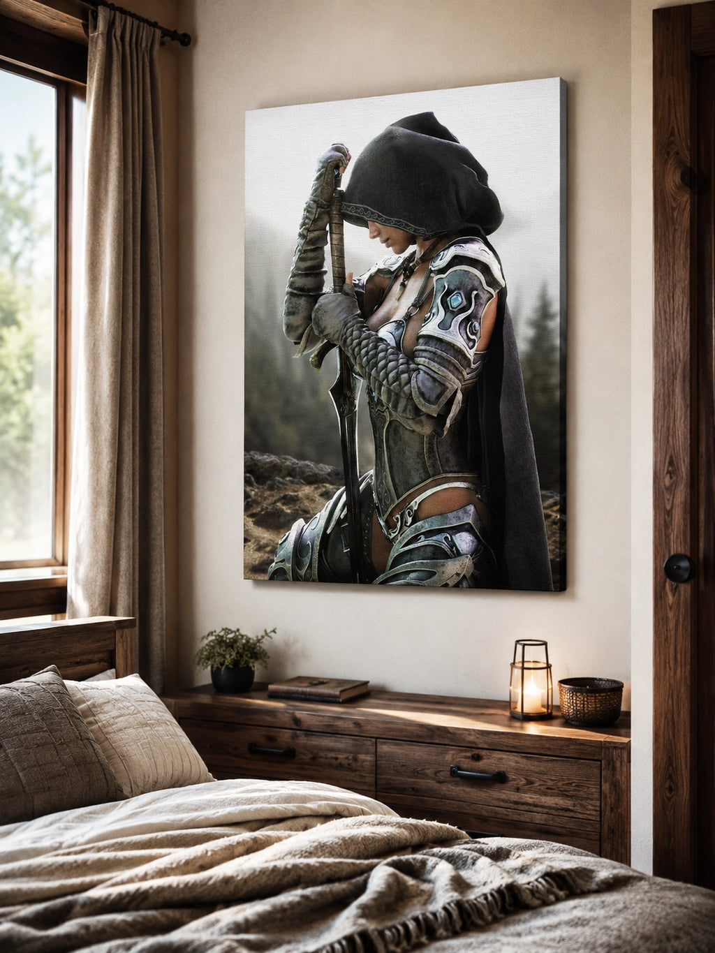 Handcrafted fantasy artwork featuring a hooded female knight kneeling in prayer with both hands resting on a ceremonial sword, wearing ornate medieval armor against a rugged mountain landscape. Premium wall art for fantasy collectors, RPG enthusiasts, gaming rooms, libraries, and medieval décor.