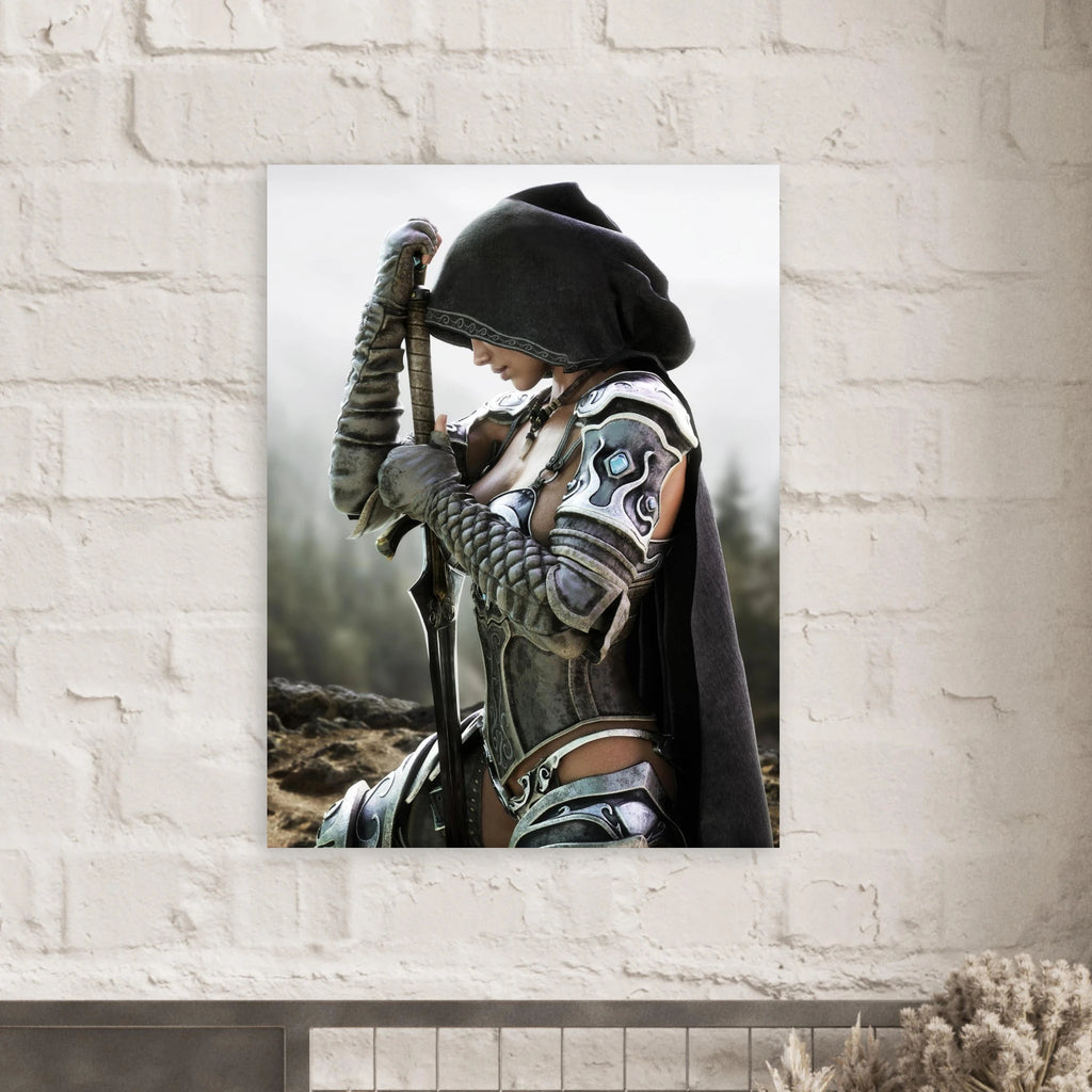 Handcrafted fantasy artwork featuring a hooded female knight kneeling in prayer with both hands resting on a ceremonial sword, wearing ornate medieval armor against a rugged mountain landscape. Premium wall art for fantasy collectors, RPG enthusiasts, gaming rooms, libraries, and medieval décor.