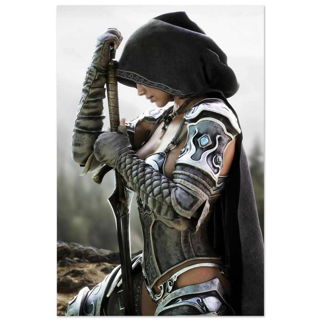 Handcrafted fantasy artwork featuring a hooded female knight kneeling in prayer with both hands resting on a ceremonial sword, wearing ornate medieval armor against a rugged mountain landscape. Premium wall art for fantasy collectors, RPG enthusiasts, gaming rooms, libraries, and medieval décor.
