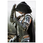Handcrafted fantasy artwork featuring a hooded female knight kneeling in prayer with both hands resting on a ceremonial sword, wearing ornate medieval armor against a rugged mountain landscape. Premium wall art for fantasy collectors, RPG enthusiasts, gaming rooms, libraries, and medieval décor.