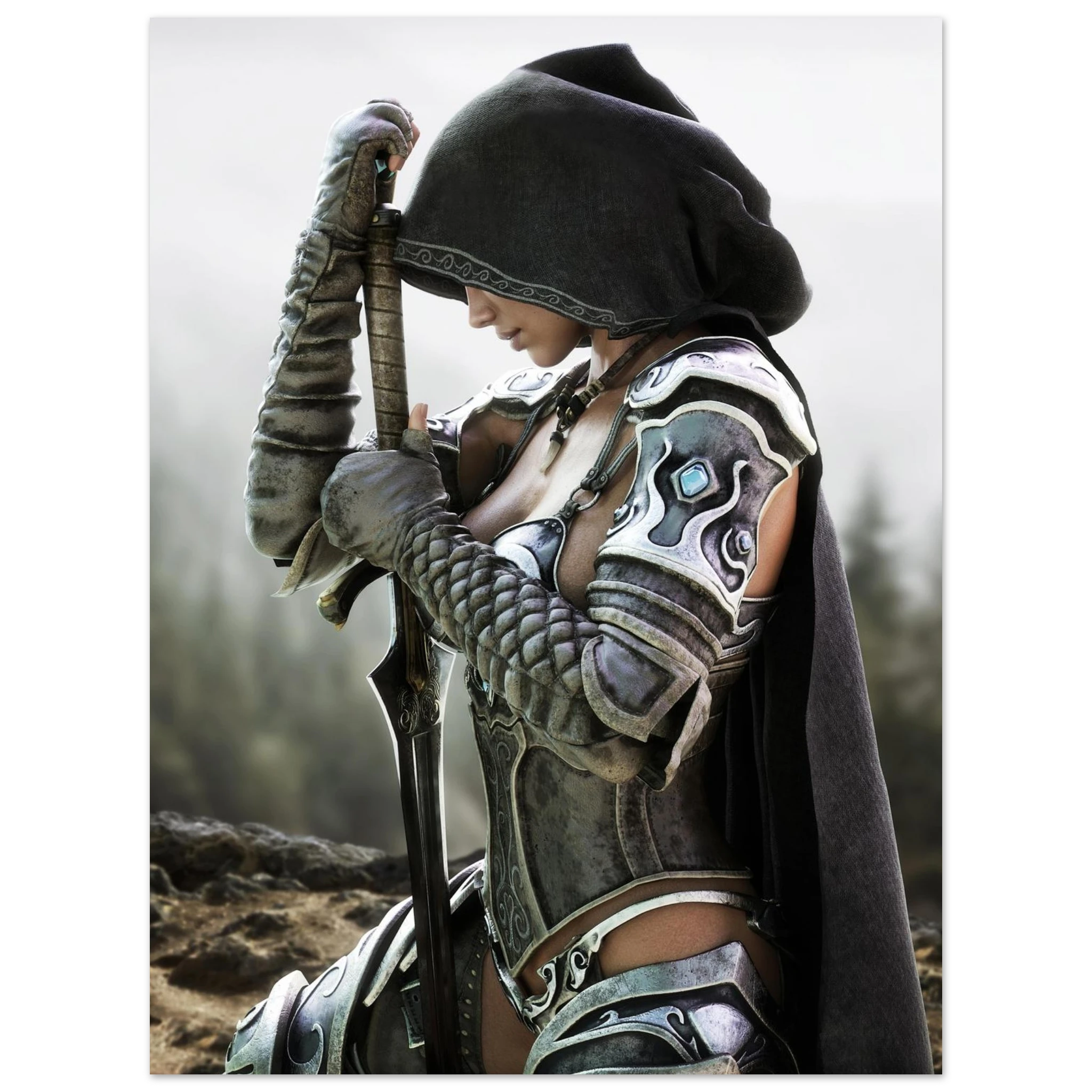 Handcrafted fantasy artwork featuring a hooded female knight kneeling in prayer with both hands resting on a ceremonial sword, wearing ornate medieval armor against a rugged mountain landscape. Premium wall art for fantasy collectors, RPG enthusiasts, gaming rooms, libraries, and medieval décor.