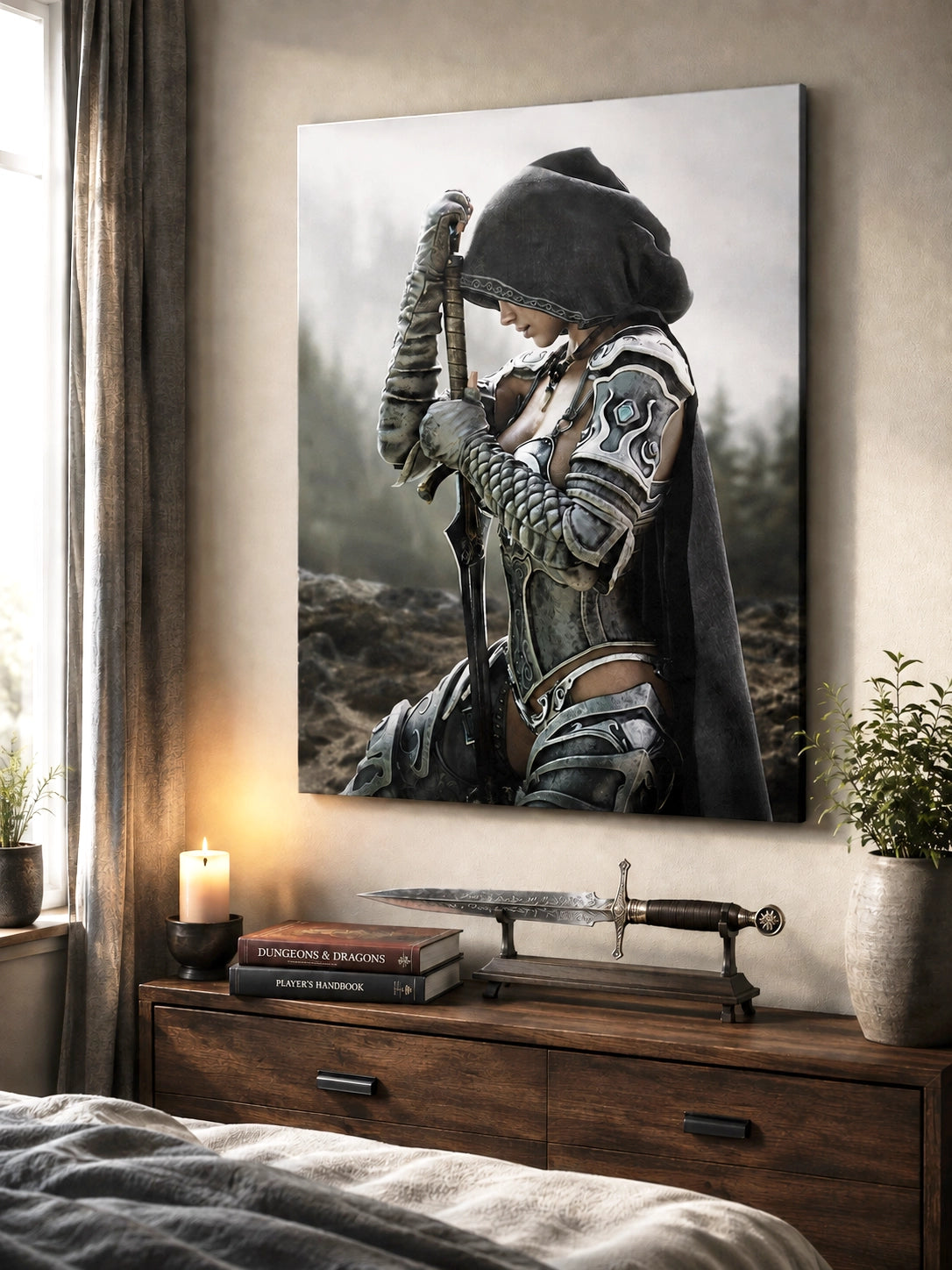 Handcrafted fantasy artwork featuring a hooded female knight kneeling in prayer with both hands resting on a ceremonial sword, wearing ornate medieval armor against a rugged mountain landscape. Premium wall art for fantasy collectors, RPG enthusiasts, gaming rooms, libraries, and medieval décor.