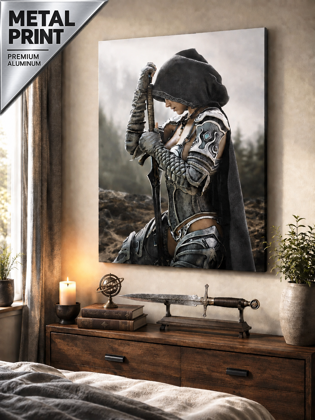 Handcrafted fantasy artwork featuring a hooded female knight kneeling in prayer with both hands resting on a ceremonial sword, wearing ornate medieval armor against a rugged mountain landscape. Premium wall art for fantasy collectors, RPG enthusiasts, gaming rooms, libraries, and medieval décor.