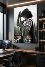 Modern office setup with a large wall art of a warrior in a misty landscape.