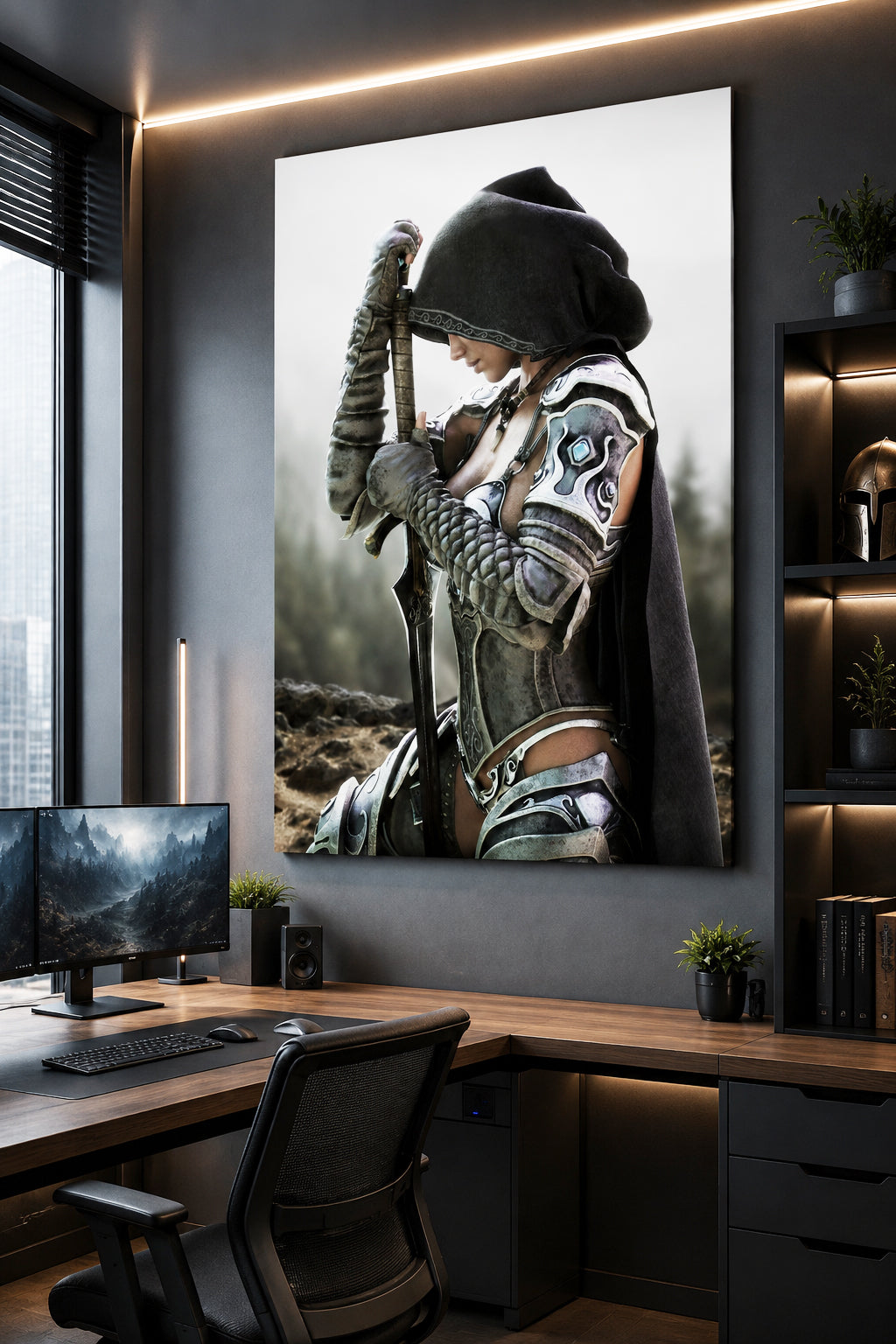 Modern office setup with a large wall art of a warrior in a misty landscape.