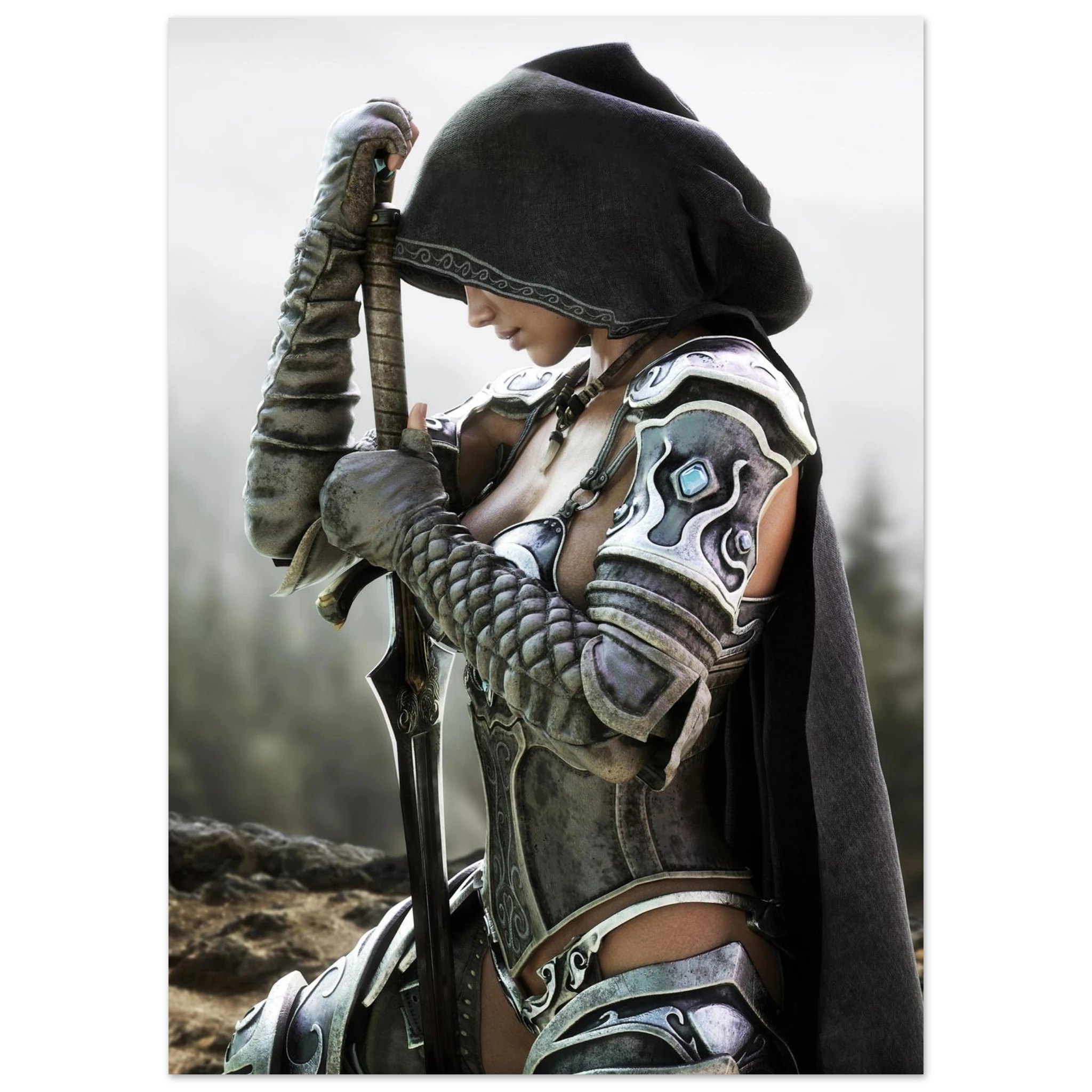 A fantasy warrior in detailed silver and black armor with a dark hooded cloak, holding a sword, shown against a blurred outdoor background.