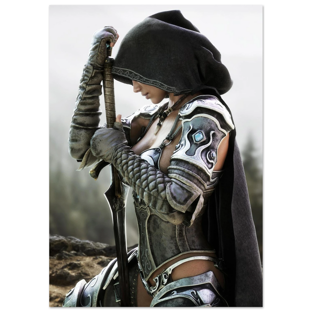 A fantasy warrior in detailed silver and black armor with a dark hooded cloak, holding a sword, shown against a blurred outdoor background.