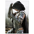 A fantasy warrior in detailed silver and black armor with a dark hooded cloak, holding a sword, shown against a blurred outdoor background.