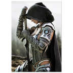 A fantasy warrior in detailed silver and black armor with a dark hooded cloak, holding a sword, shown against a blurred outdoor background.