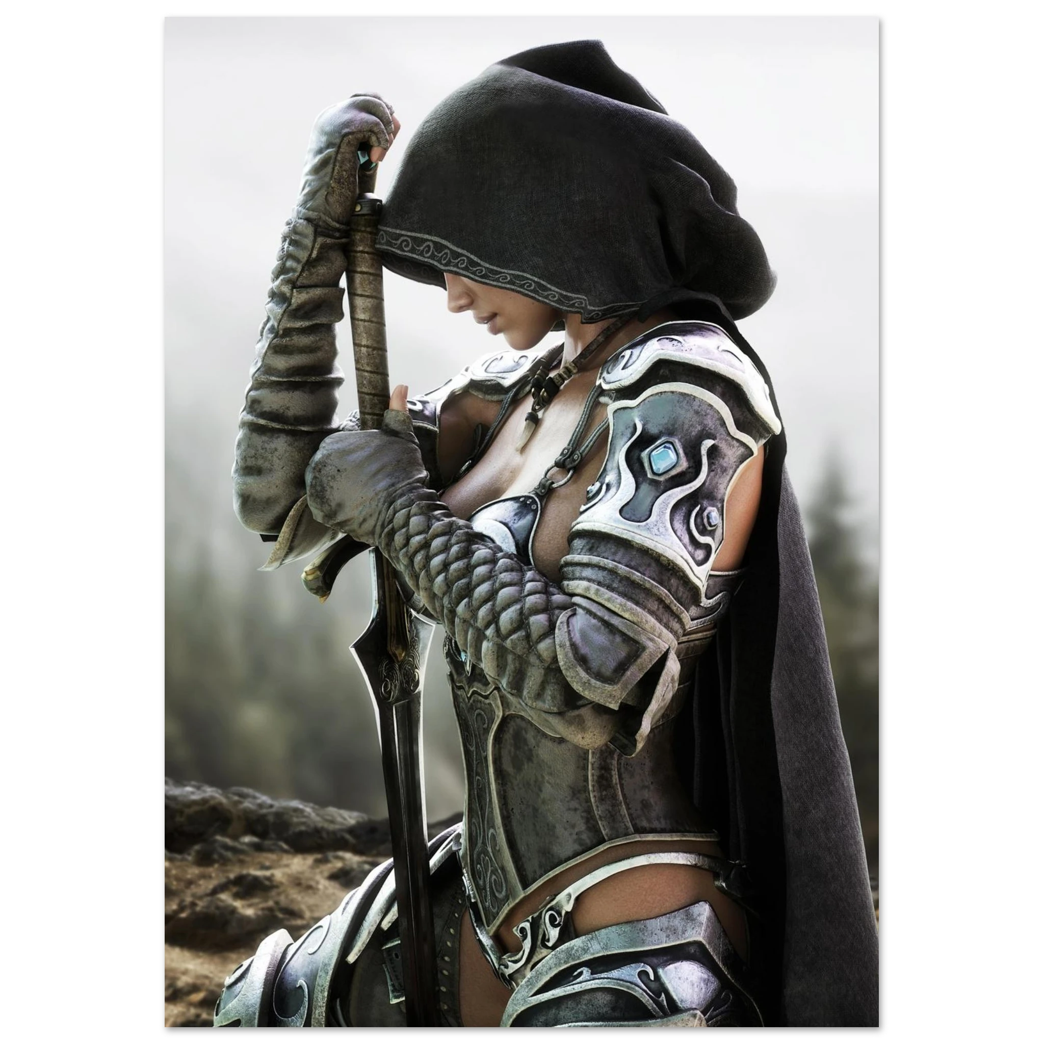 A fantasy warrior in detailed silver and black armor with a dark hooded cloak, holding a sword, shown against a blurred outdoor background.