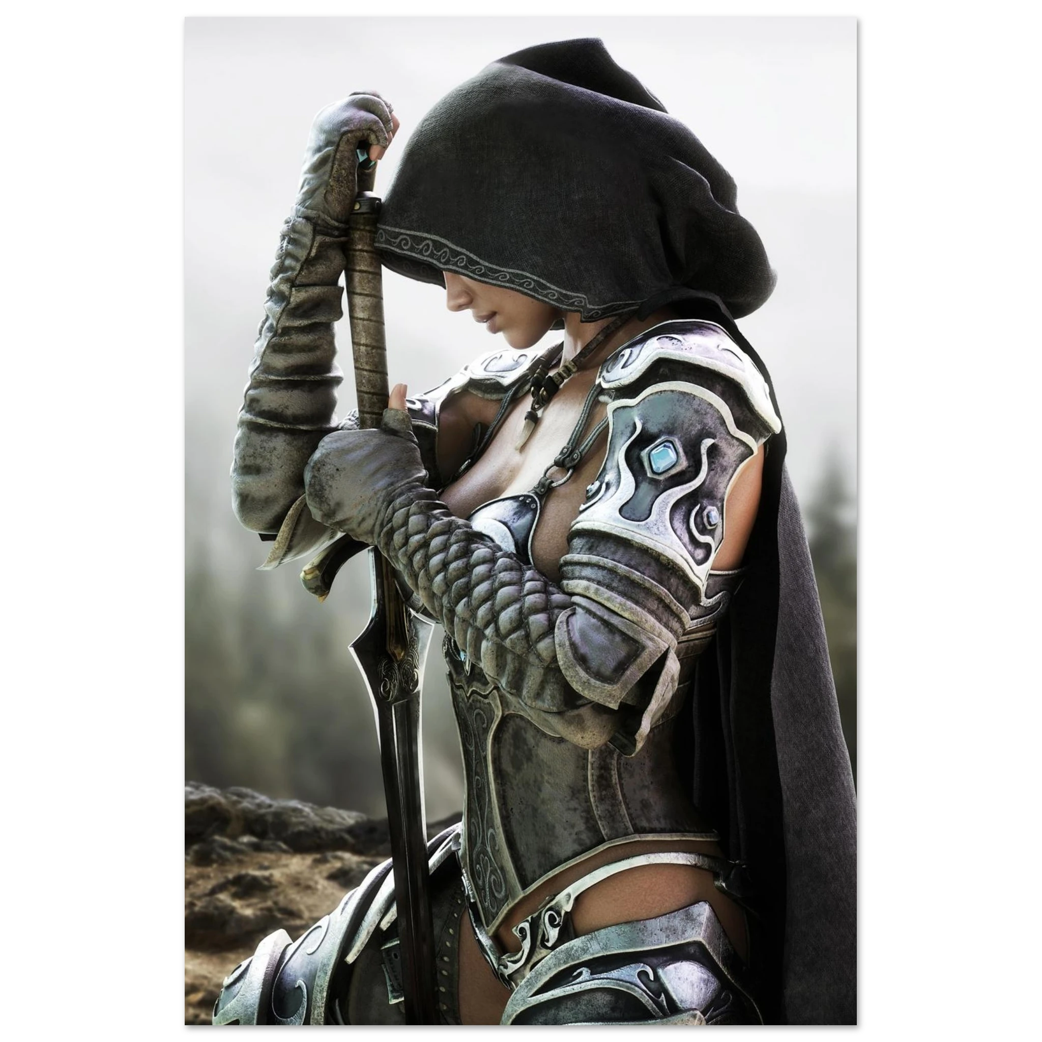 A person wearing fantasy-style armor and a dark hooded cloak, holding a sword upright, shown against a soft blurred outdoor background.