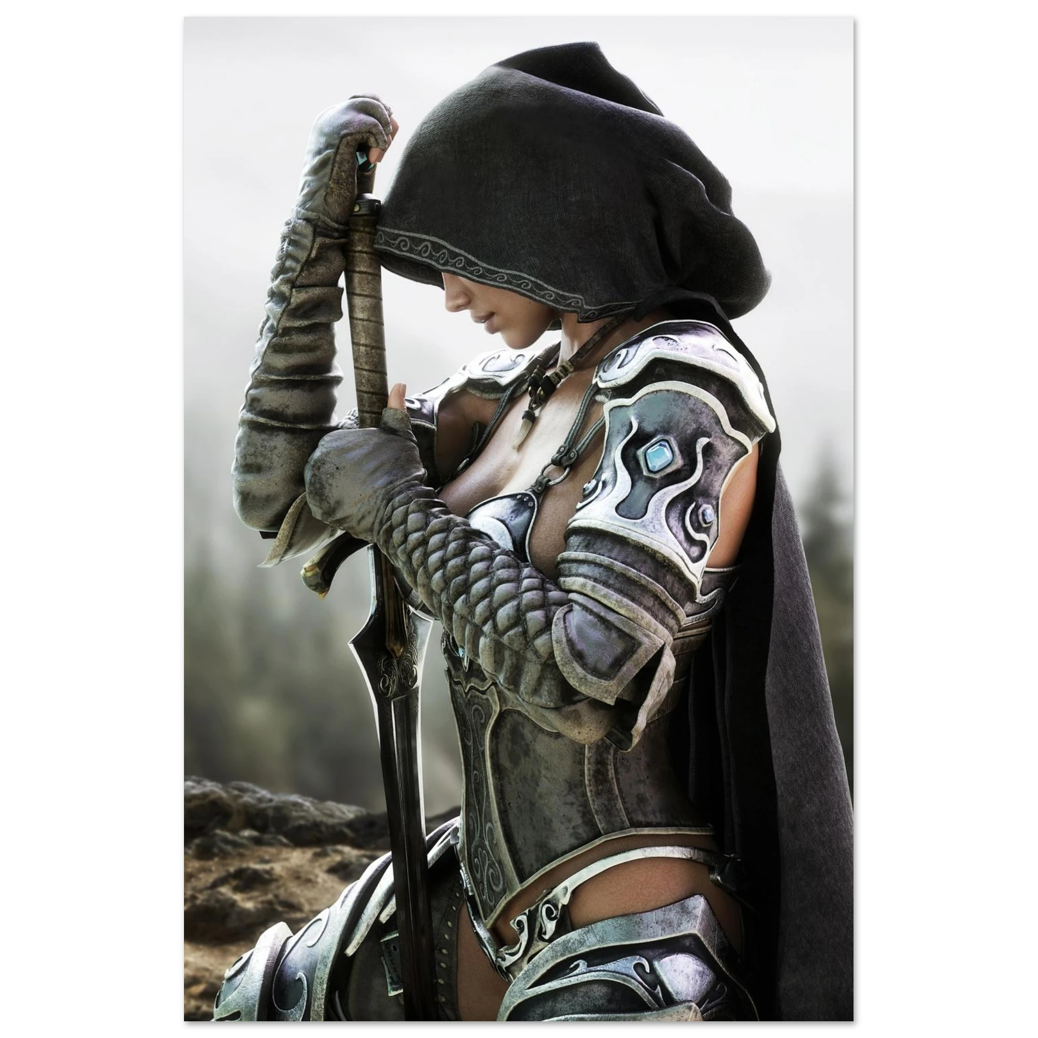 A fantasy warrior wearing dark metallic armor with silver accents, a black hood, and a long black cape, holding a sword over her shoulder in a dramatic pose.