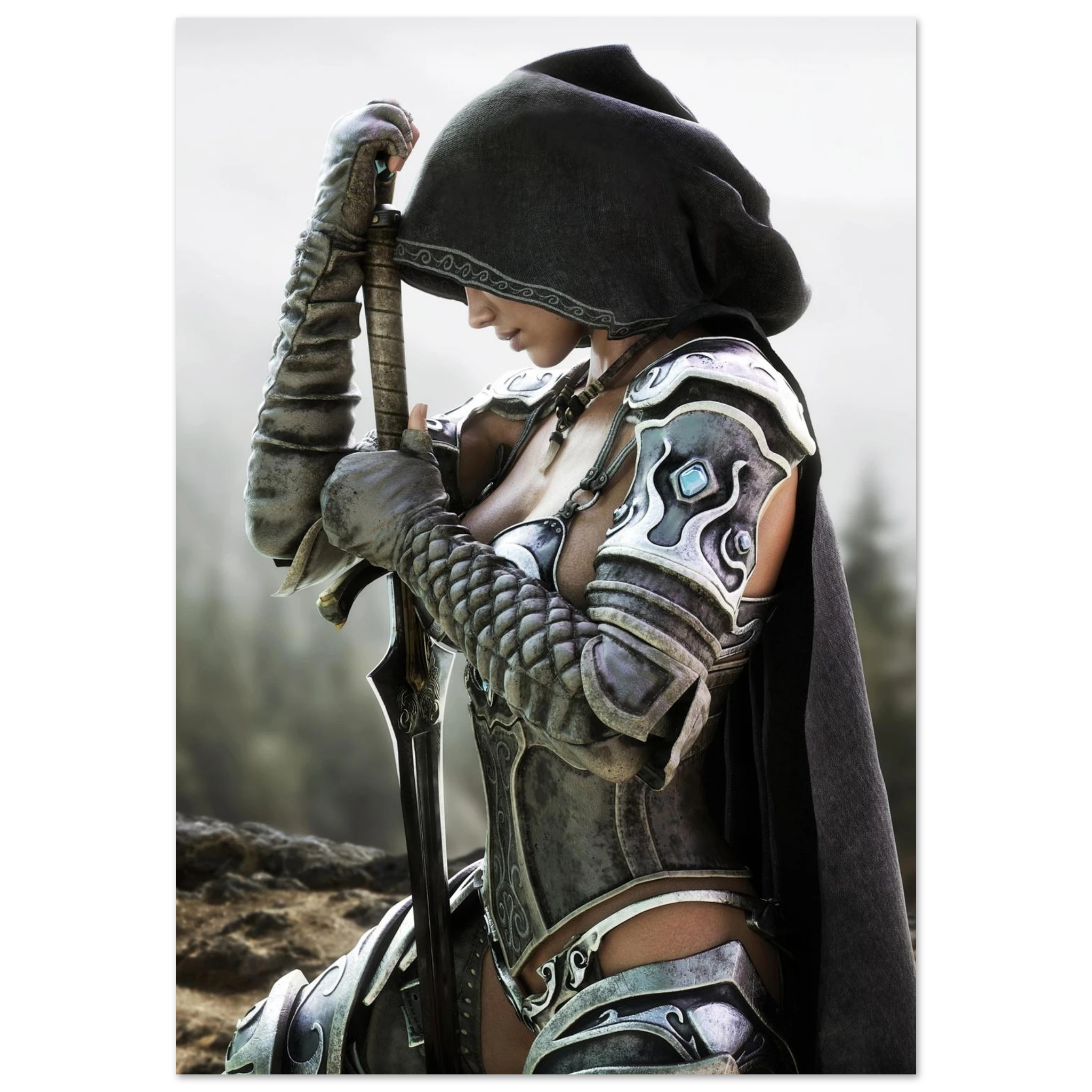 A fantasy warrior in detailed silver and black armor with a dark hooded cloak, holding a sword, shown against a blurred outdoor background.
