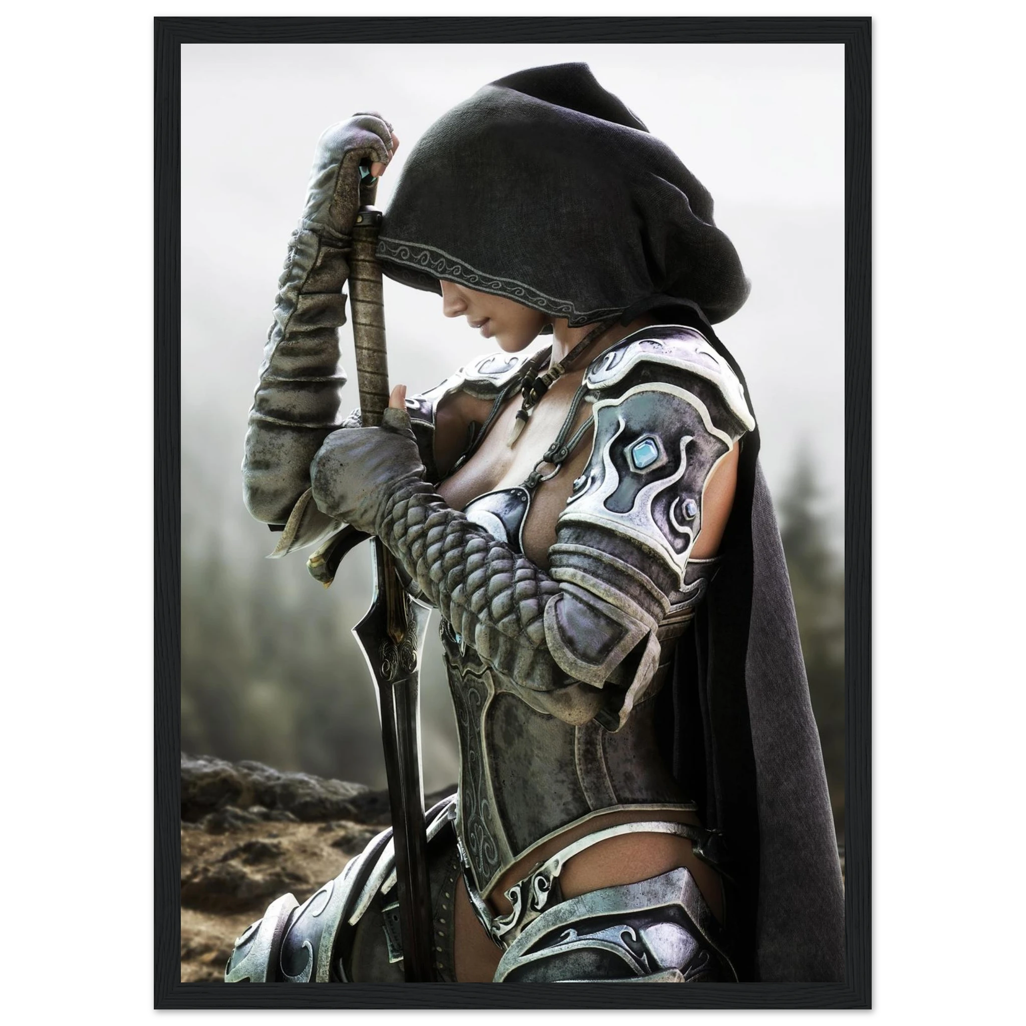 A framed art print featuring a fantasy illustration of a female warrior in dark armor and a black hooded cloak, holding a sword, set against a muted gray background.