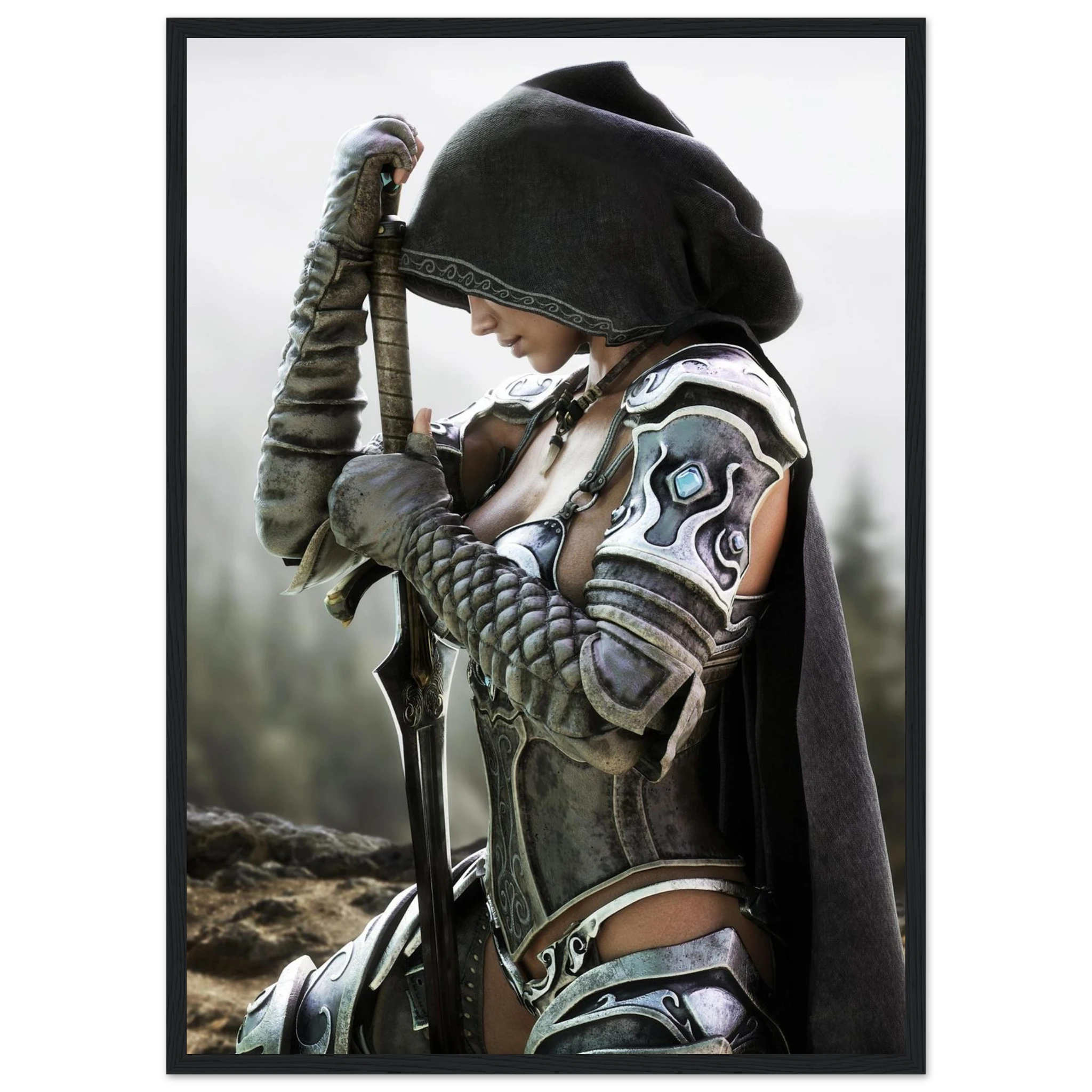 A framed art print featuring a fantasy illustration of a female warrior in detailed silver and black armor, holding a sword, set against a muted forest background.
