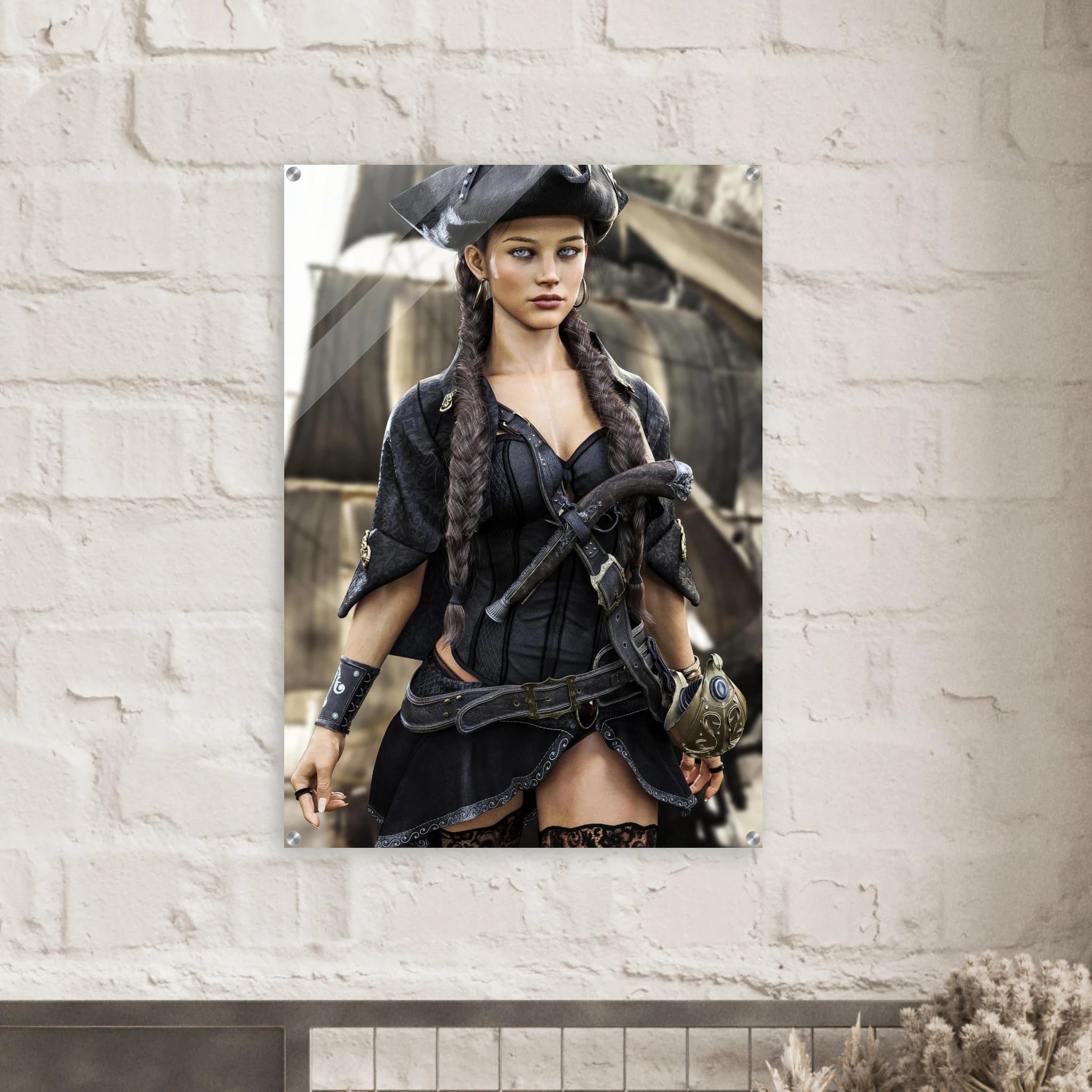 Handcrafted fantasy artwork featuring a female pirate captain with braided hair and a tricorne hat standing before a historic sailing ship, wearing elegant pirate attire with a flintlock pistol and nautical accessories. Premium wall art for fantasy collectors, pirate enthusiasts, gaming rooms, and nautical décor.