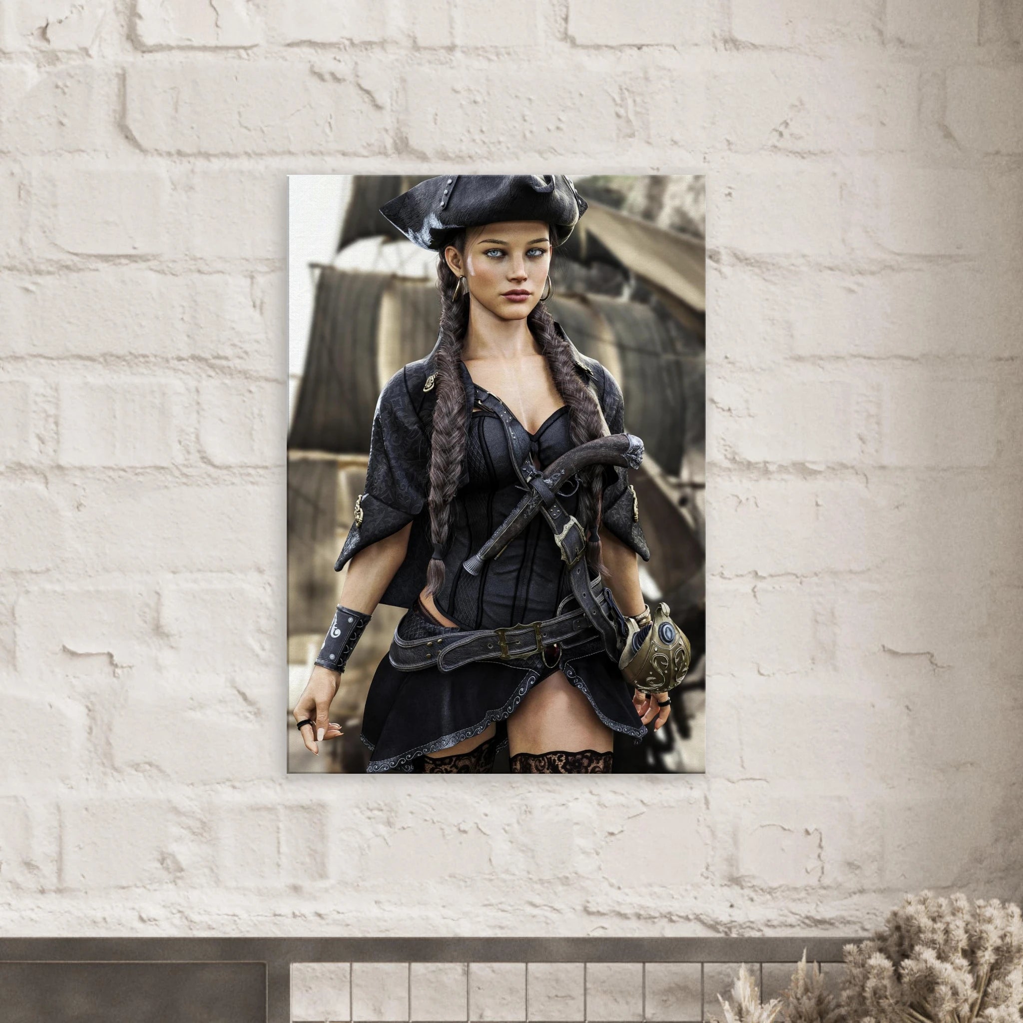 Handcrafted fantasy artwork featuring a female pirate captain with braided hair and a tricorne hat standing before a historic sailing ship, wearing elegant pirate attire with a flintlock pistol and nautical accessories. Premium wall art for fantasy collectors, pirate enthusiasts, gaming rooms, and nautical décor.