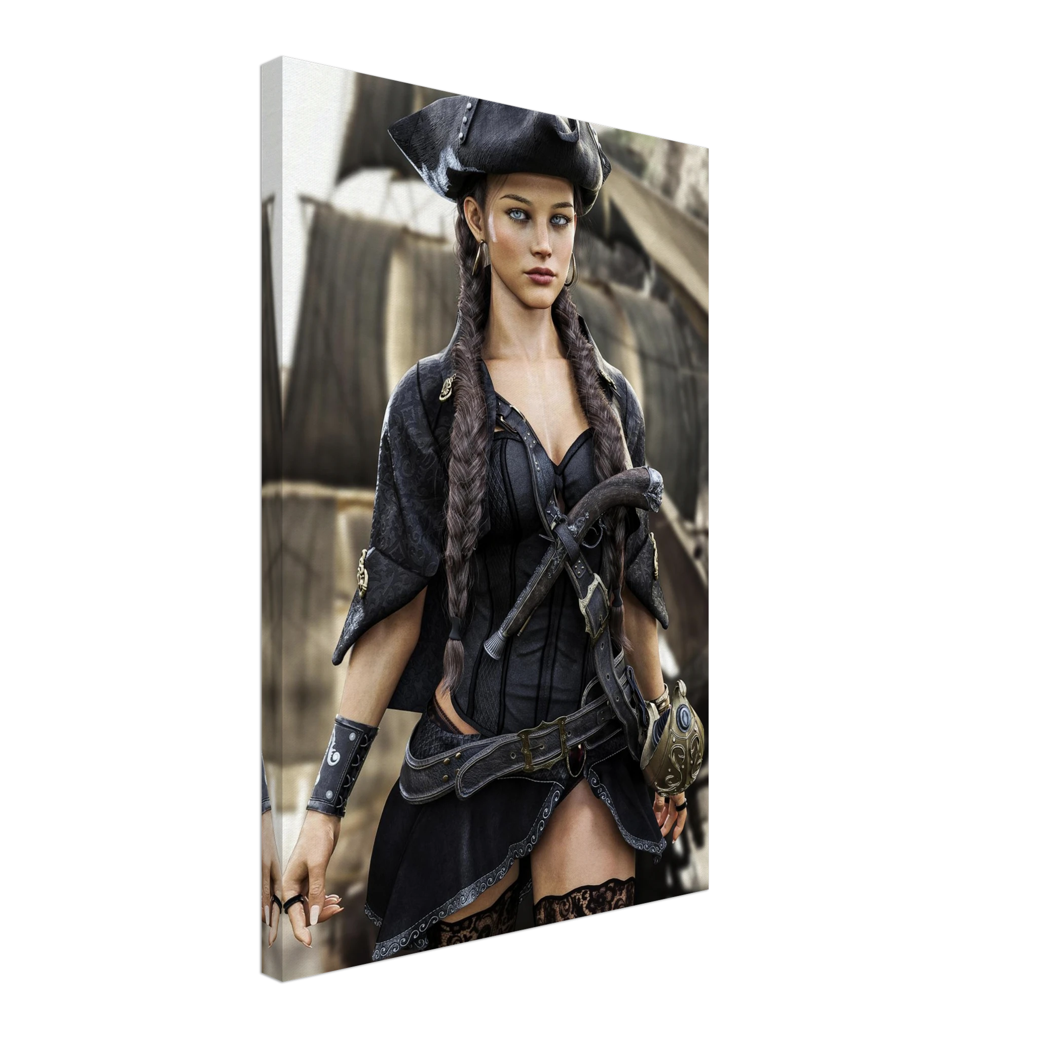 Handcrafted fantasy artwork featuring a female pirate captain with braided hair and a tricorne hat standing before a historic sailing ship, wearing elegant pirate attire with a flintlock pistol and nautical accessories. Premium wall art for fantasy collectors, pirate enthusiasts, gaming rooms, and nautical décor.