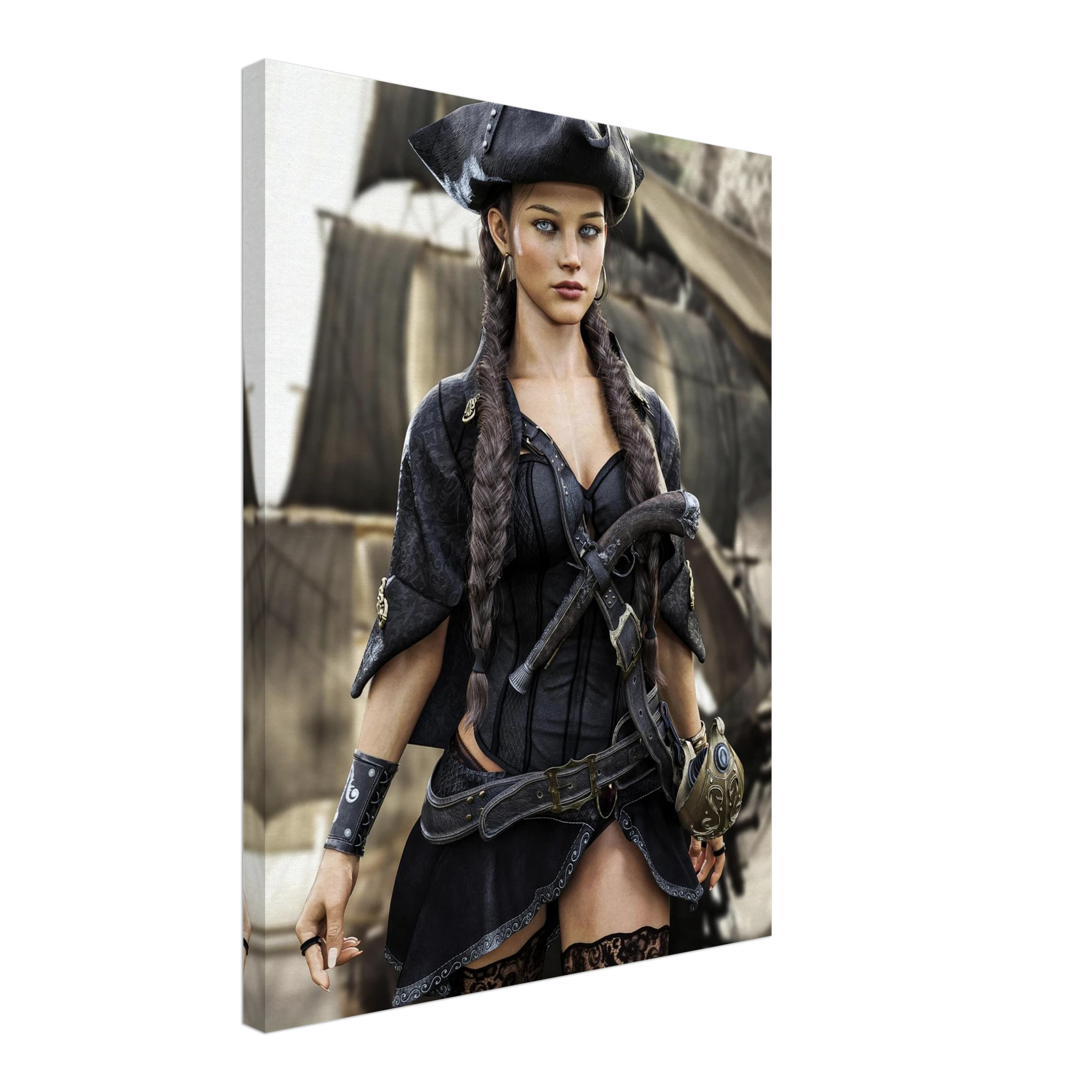 Handcrafted fantasy artwork featuring a female pirate captain with braided hair and a tricorne hat standing before a historic sailing ship, wearing elegant pirate attire with a flintlock pistol and nautical accessories. Premium wall art for fantasy collectors, pirate enthusiasts, gaming rooms, and nautical décor.