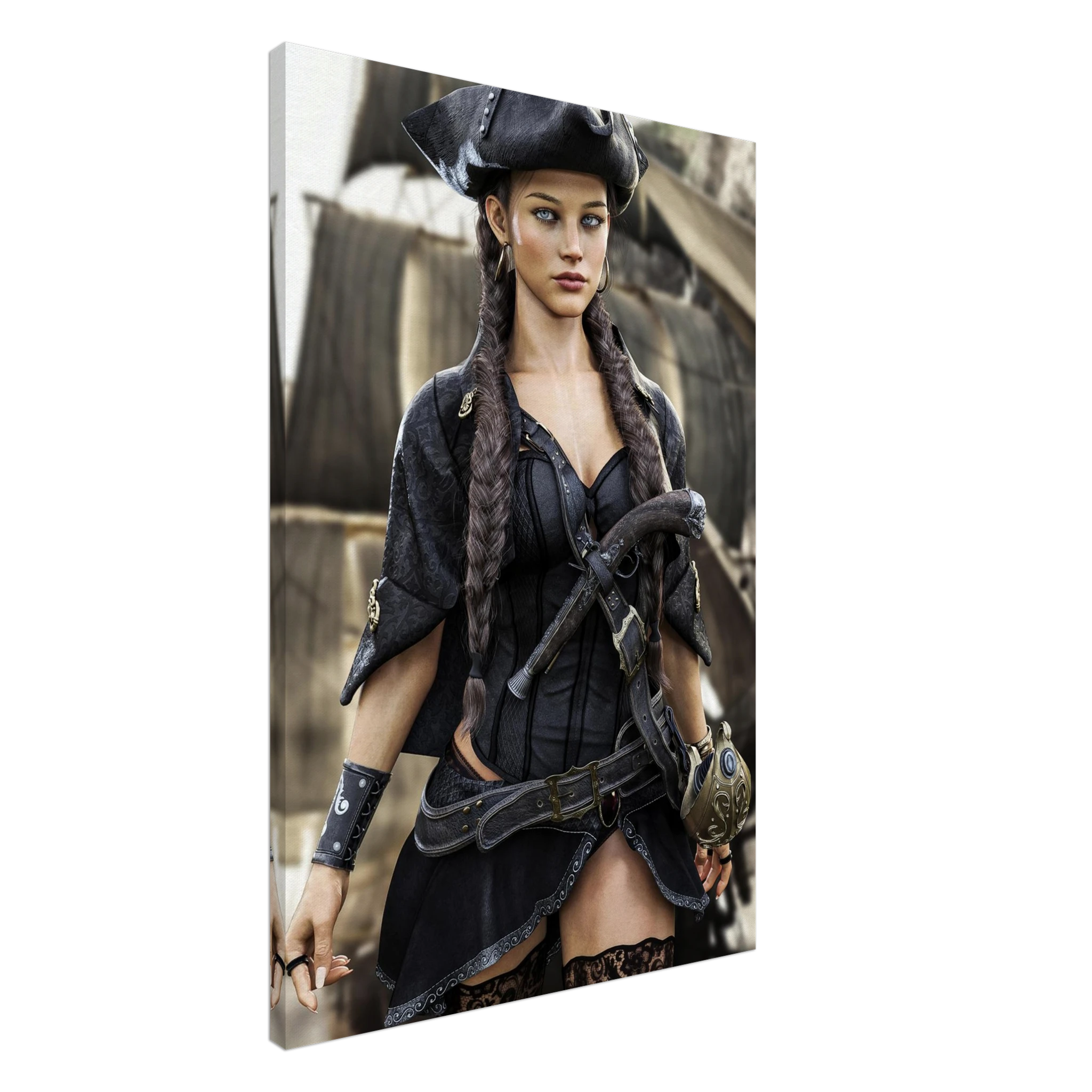 Handcrafted fantasy artwork featuring a female pirate captain with braided hair and a tricorne hat standing before a historic sailing ship, wearing elegant pirate attire with a flintlock pistol and nautical accessories. Premium wall art for fantasy collectors, pirate enthusiasts, gaming rooms, and nautical décor.